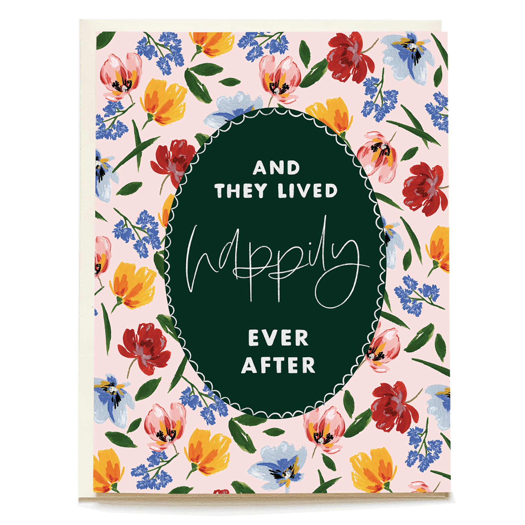 Storybook Ending wedding card featuring floral design with the text "And they lived happily ever after" in a green oval.