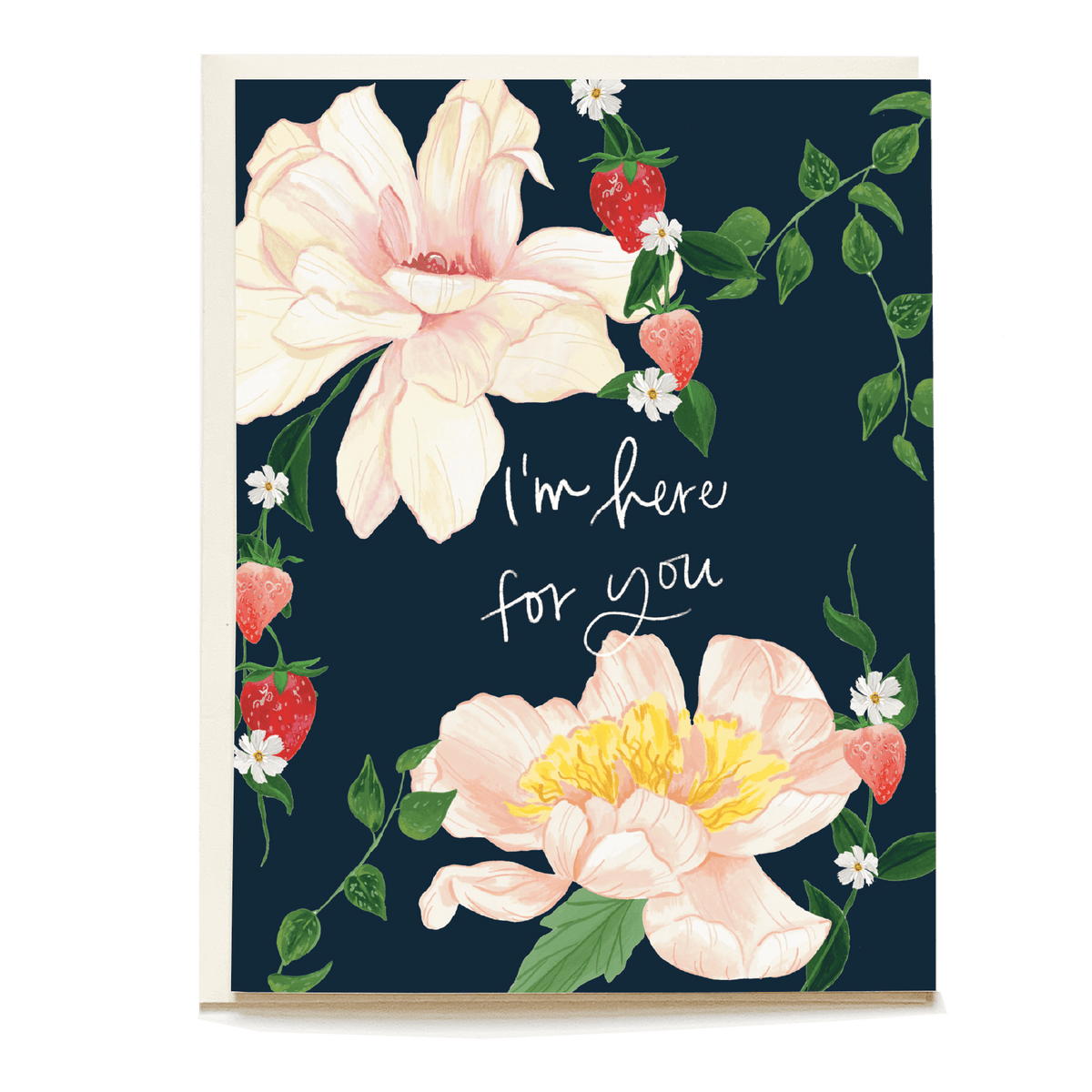 Strawberry sympathy card featuring floral illustrations and the text "I'm here for you" on a dark background.