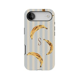 Striped bananas design personalized phone case featuring a central letter "S" on a light background.