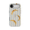 Striped bananas design personalized phone case featuring a central letter "S" on a light background.