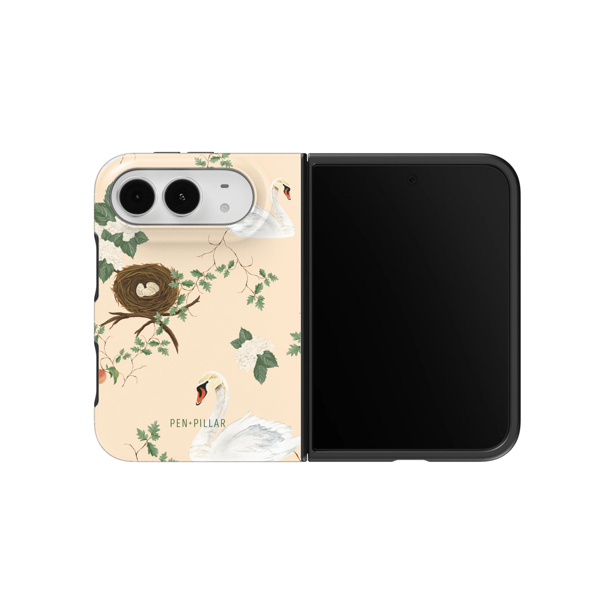 Swan Hollow iPhone 18 Duo case on an unfolded iPhone 18 Duo, back and screen side by side: swans, a bird's nest and trailing greenery on cream