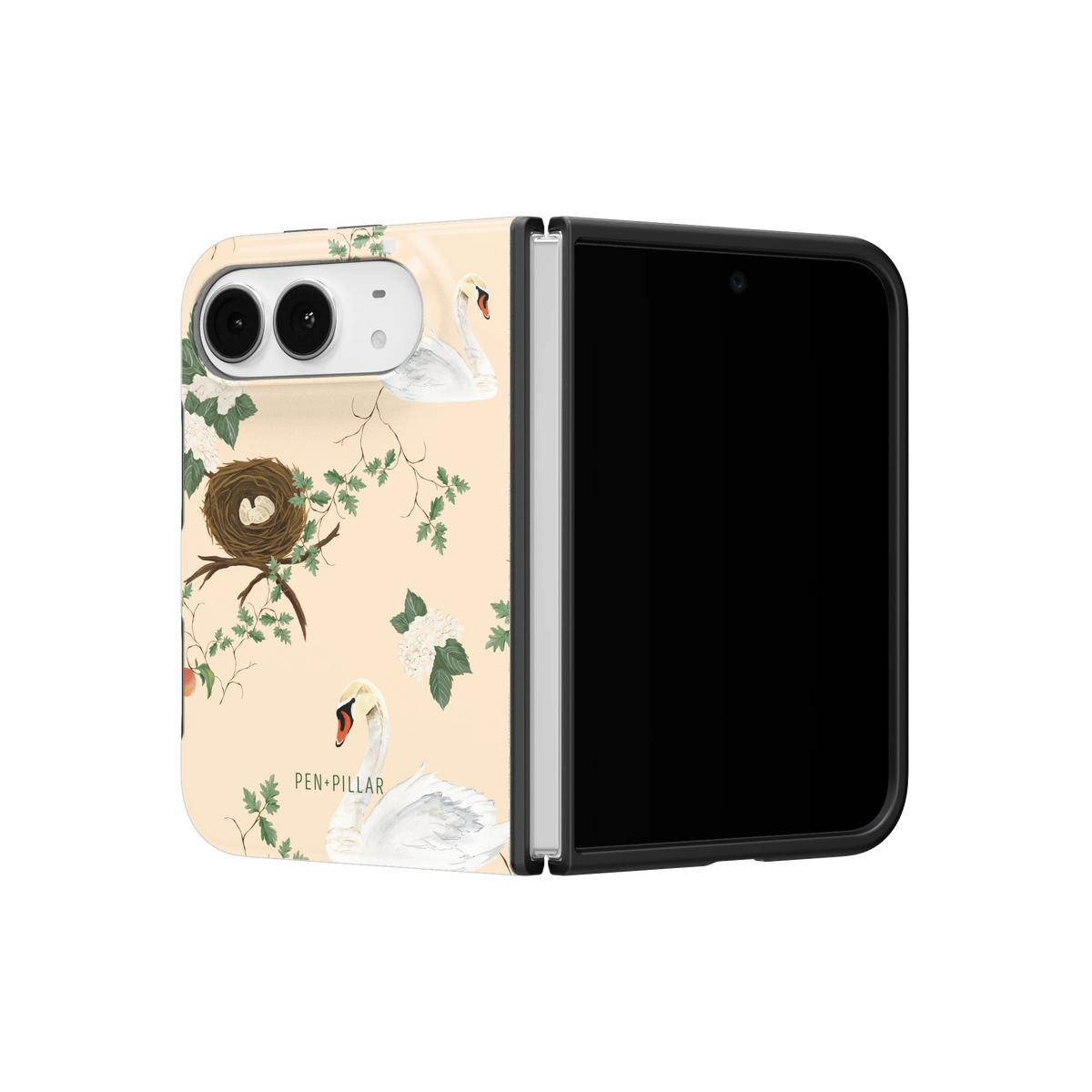 Swan Hollow iPhone 18 Duo case on a half-open iPhone 18 Duo, angled view