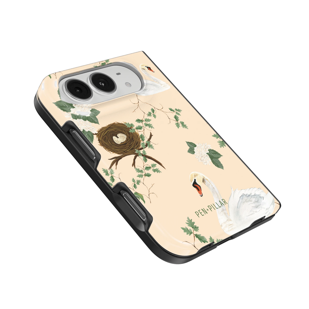 Swan Hollow iPhone 18 Duo case, angled view showing the camera surround and side buttons