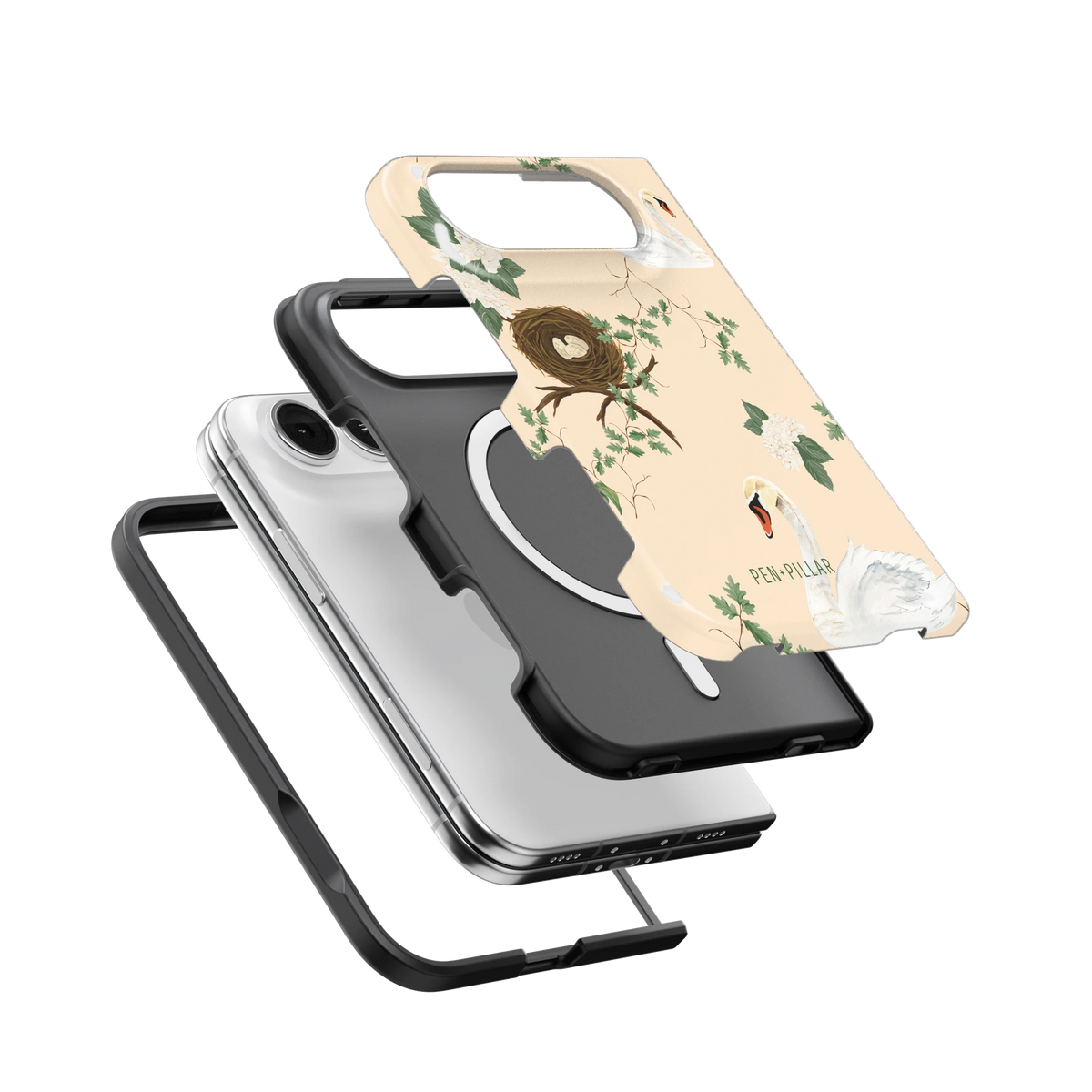 Swan Hollow iPhone 18 Duo case, exploded view of the printed shell, black inner layer with MagSafe ring, and phone