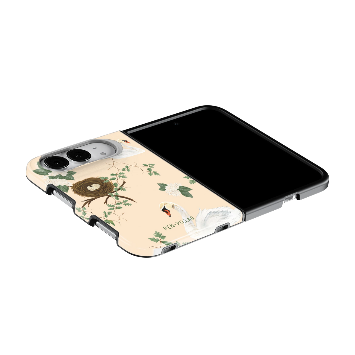 Swan Hollow iPhone 18 Duo case on an iPhone 18 Duo lying flat, unfolded