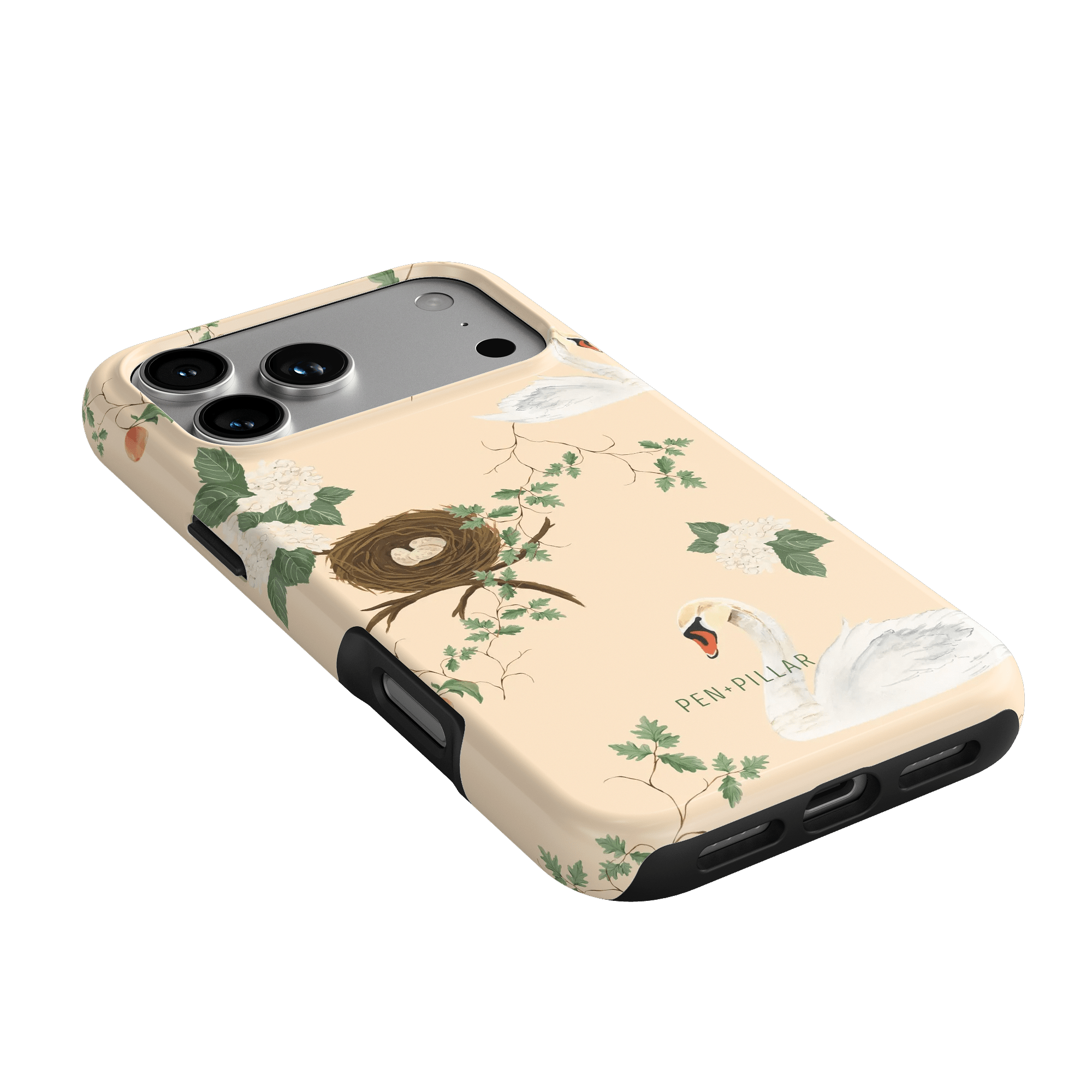 Swan Hollow iPhone case featuring a pastel background, swan illustrations, and a nest design with foliage accents.