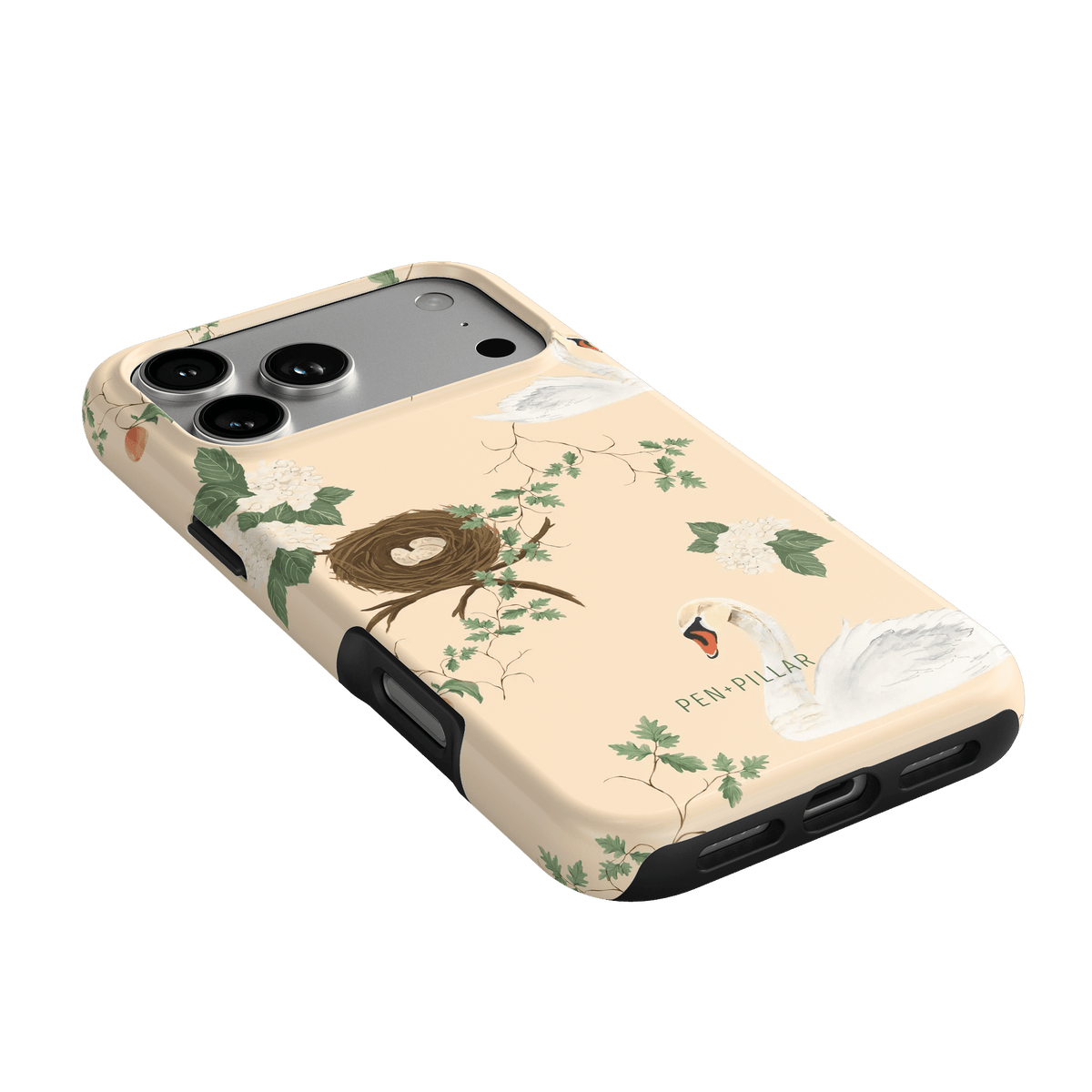 Swan Hollow iPhone case featuring a pastel background, swan illustrations, and a nest design with foliage accents.