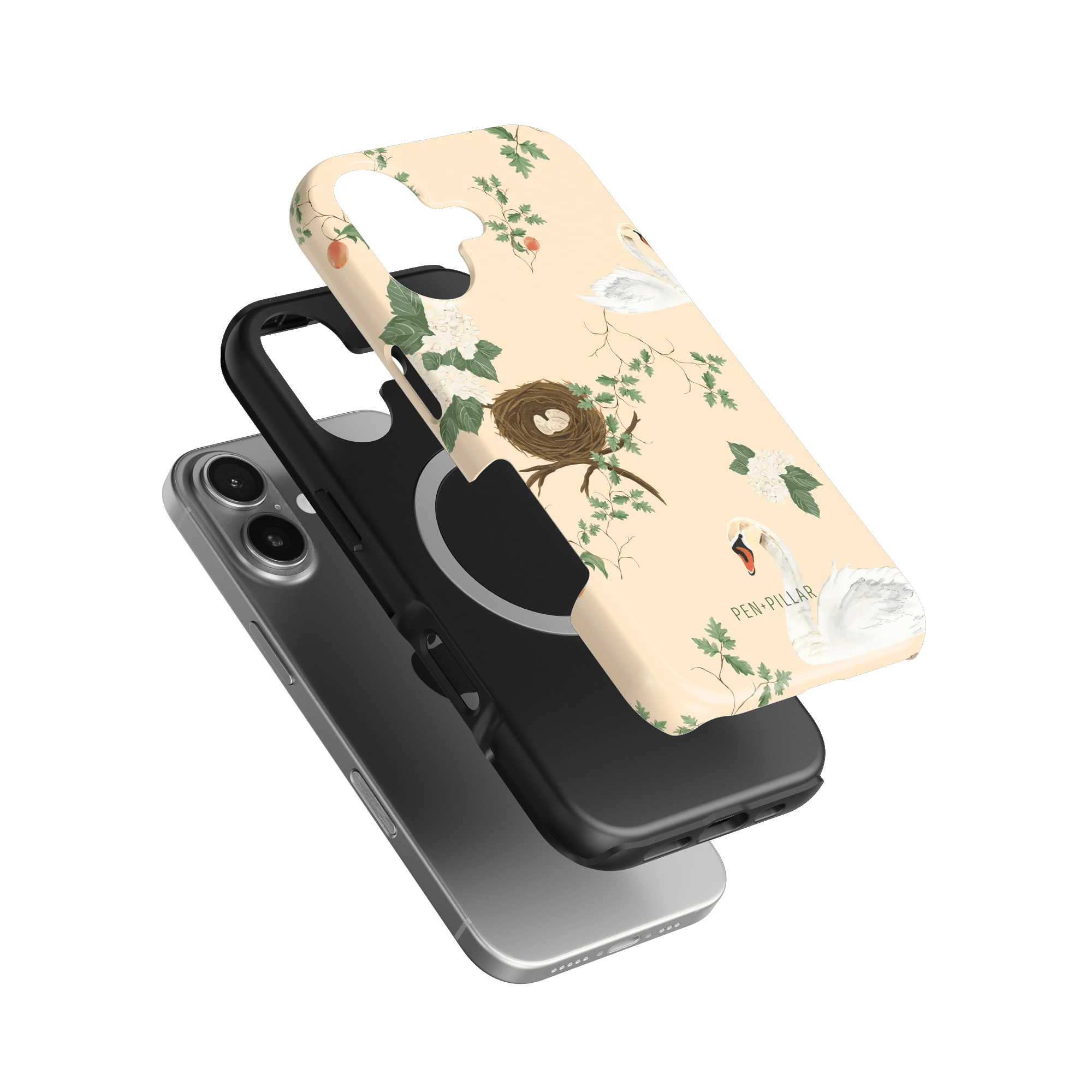 Swan Hollow iPhone case featuring a floral design with swans and a nest on a light background.