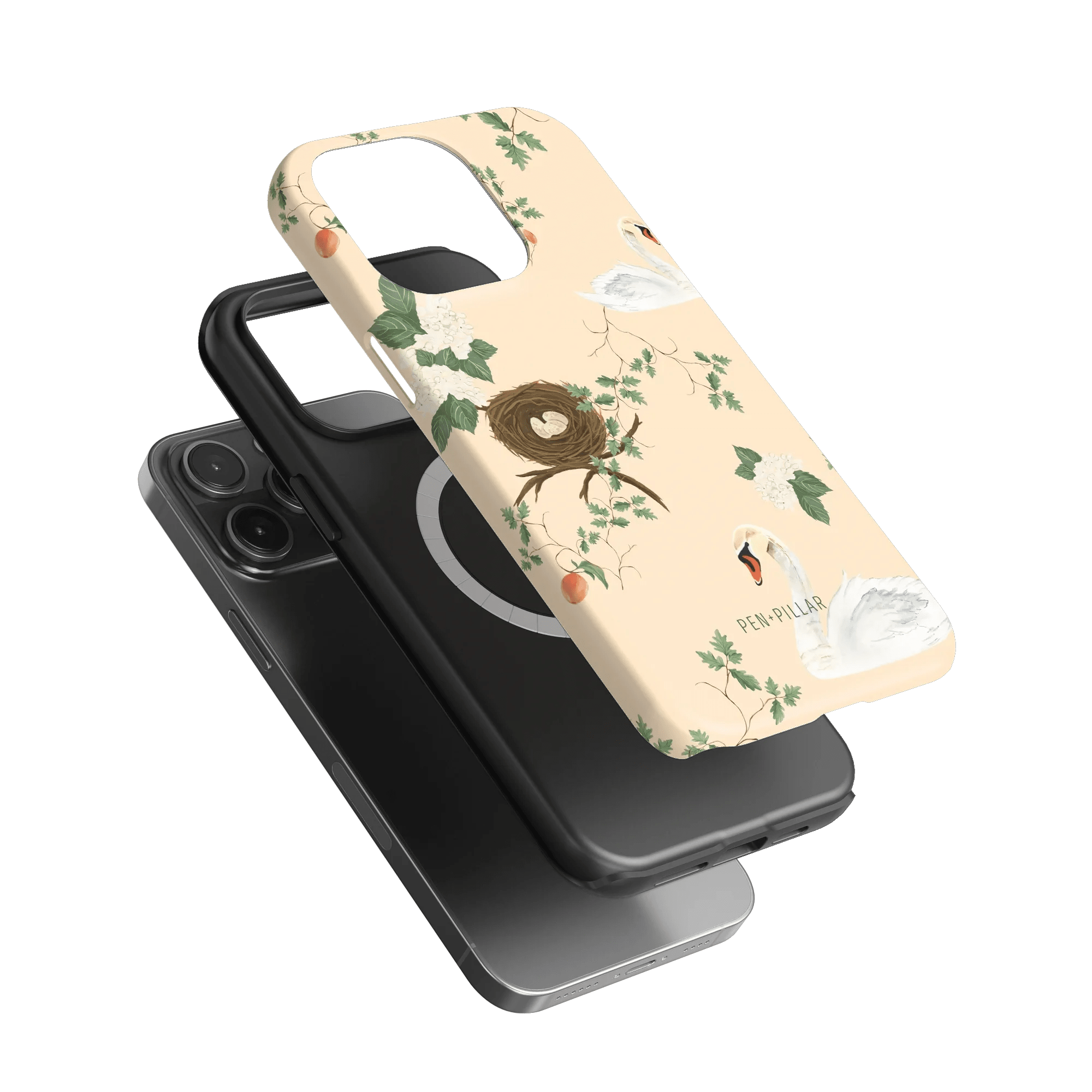 Swan Hollow iPhone case featuring swans and floral designs on a light background, layered over a black phone case.