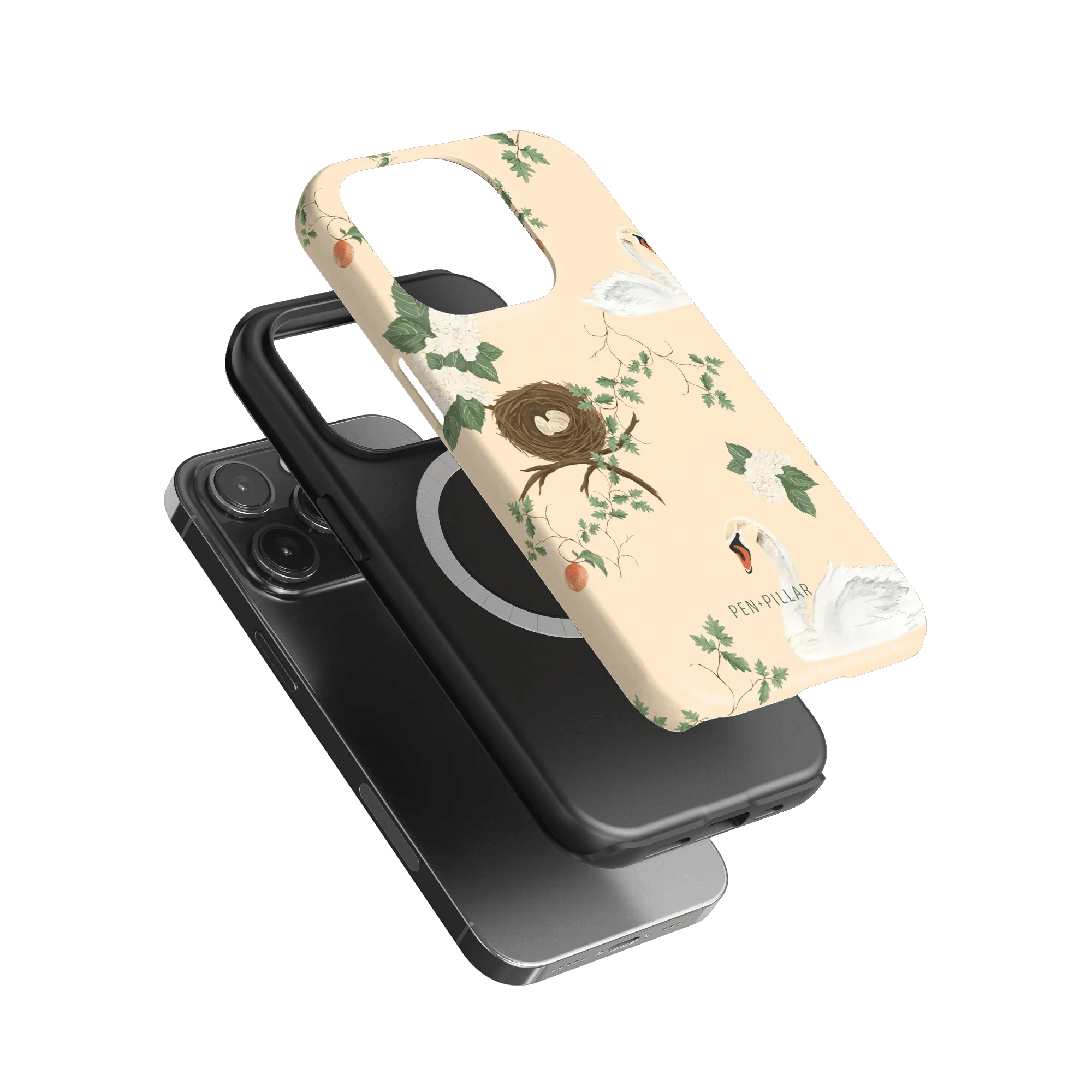 Swan Hollow iPhone case featuring a floral design with swans on a light background, layered over a black phone case.