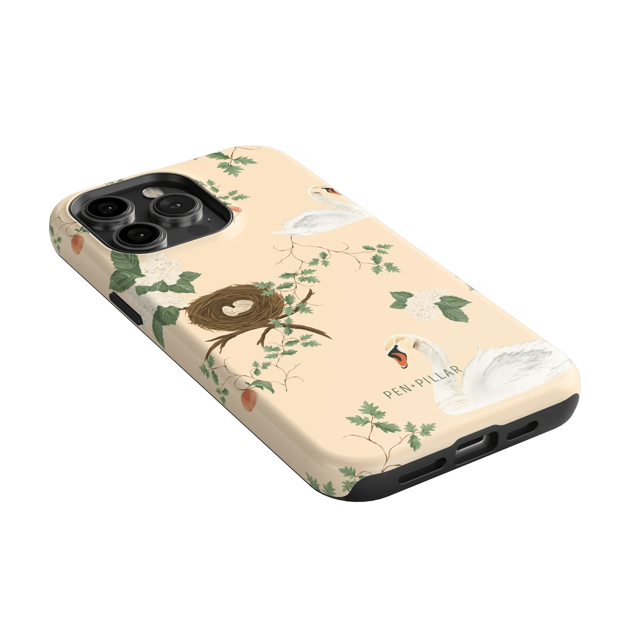 Swan Hollow iPhone case featuring a soft peach background with swan and nest illustrations.