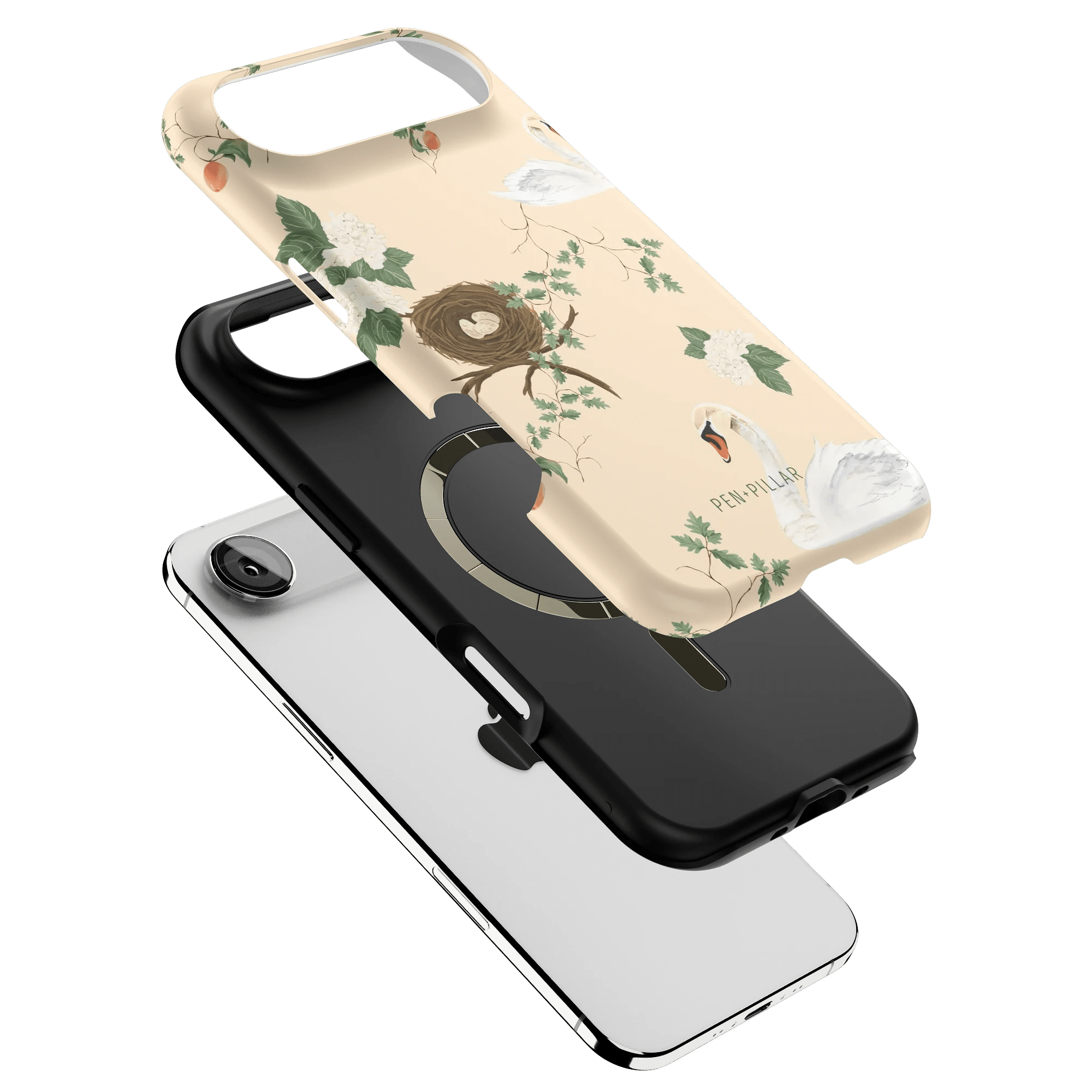 Swan Hollow iPhone case featuring a floral design with a nest, shown in two layers: a cream outer shell and a black inner ...
