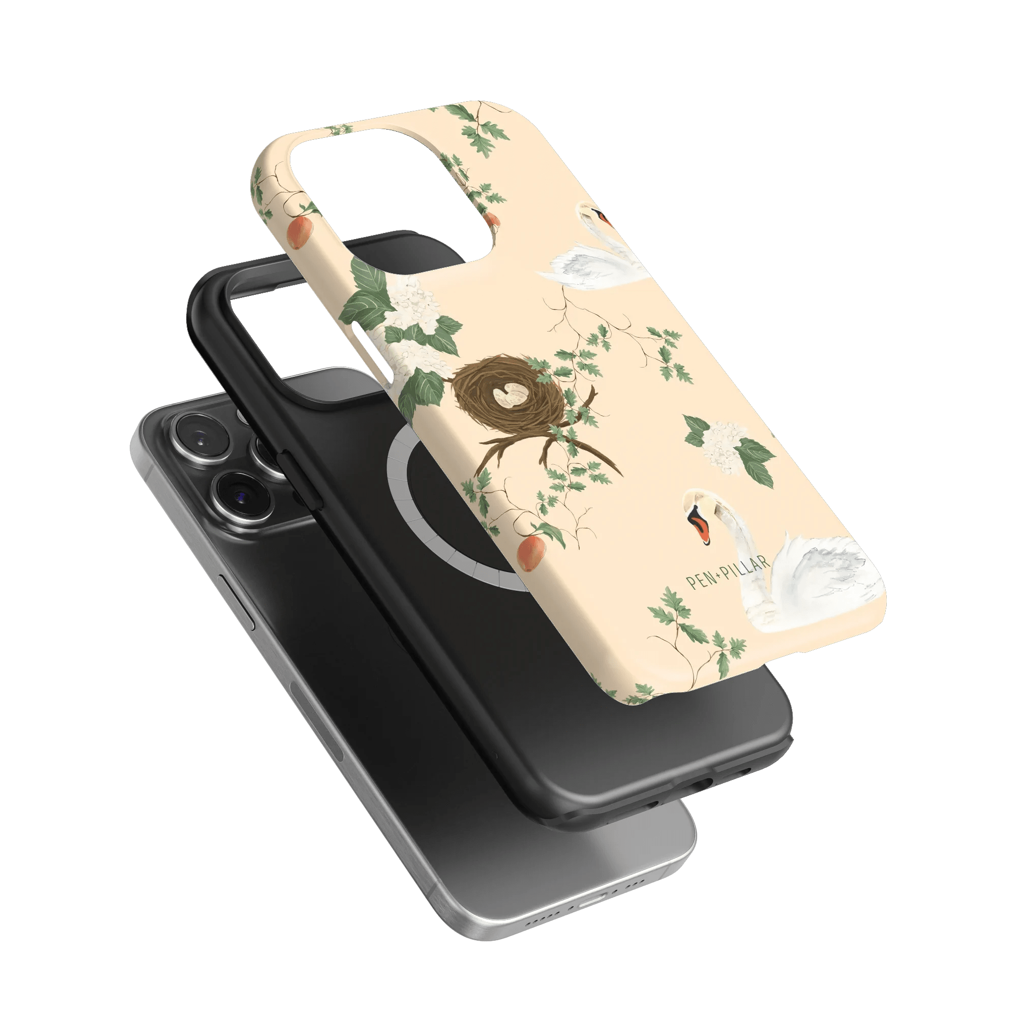 Swan Hollow iPhone case featuring a floral design with swans and a nest, layered over a black phone case.