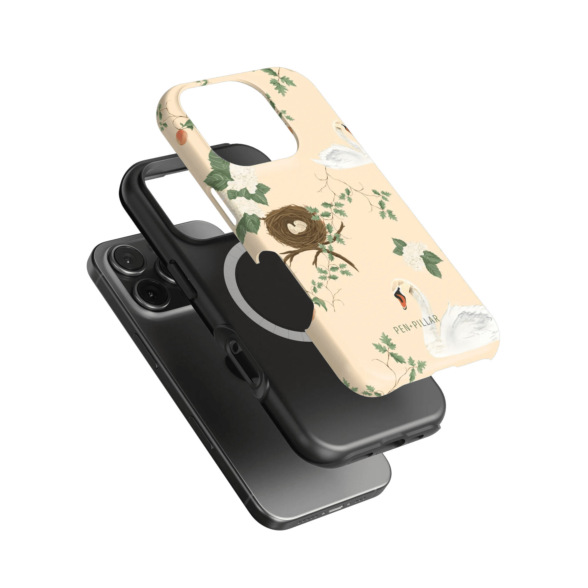 Swan Hollow iPhone case featuring a floral design with swans and a nest on a light background.