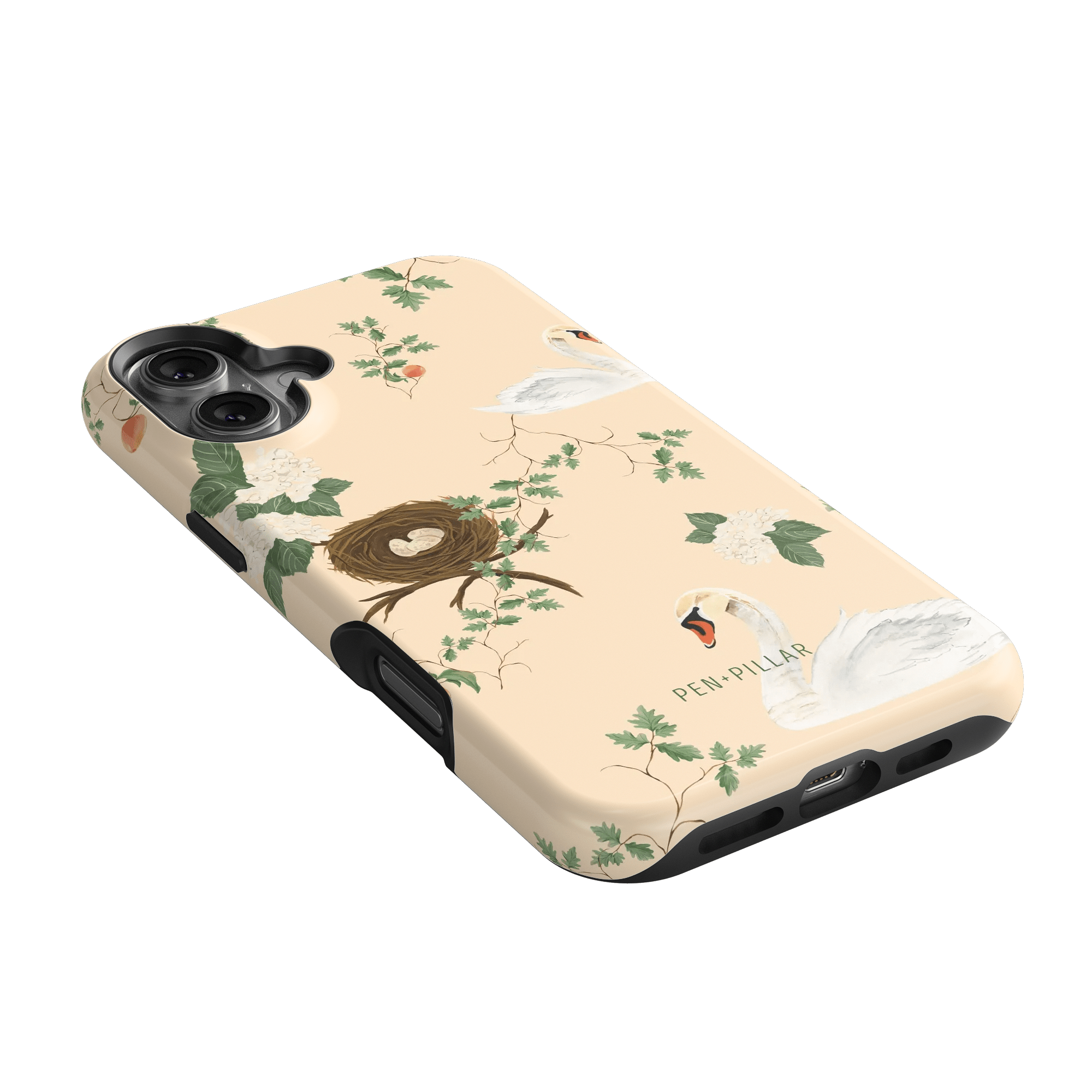 Swan Hollow iPhone case featuring swan illustrations, a nest, and green foliage on a light peach background.