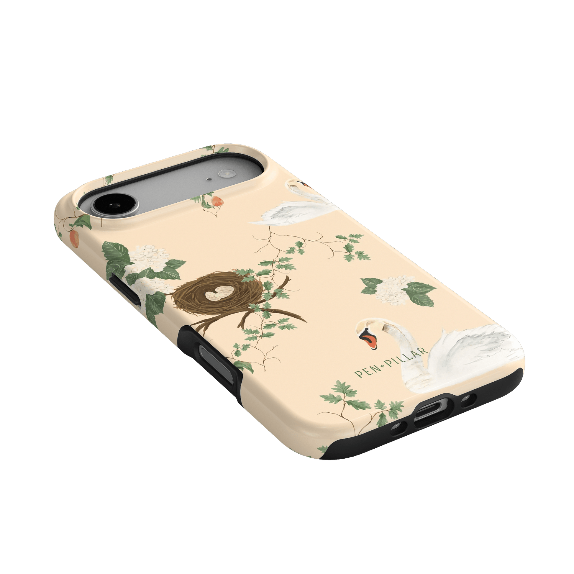Swan Hollow iPhone case featuring a pastel background with swans, foliage, and a nest design.