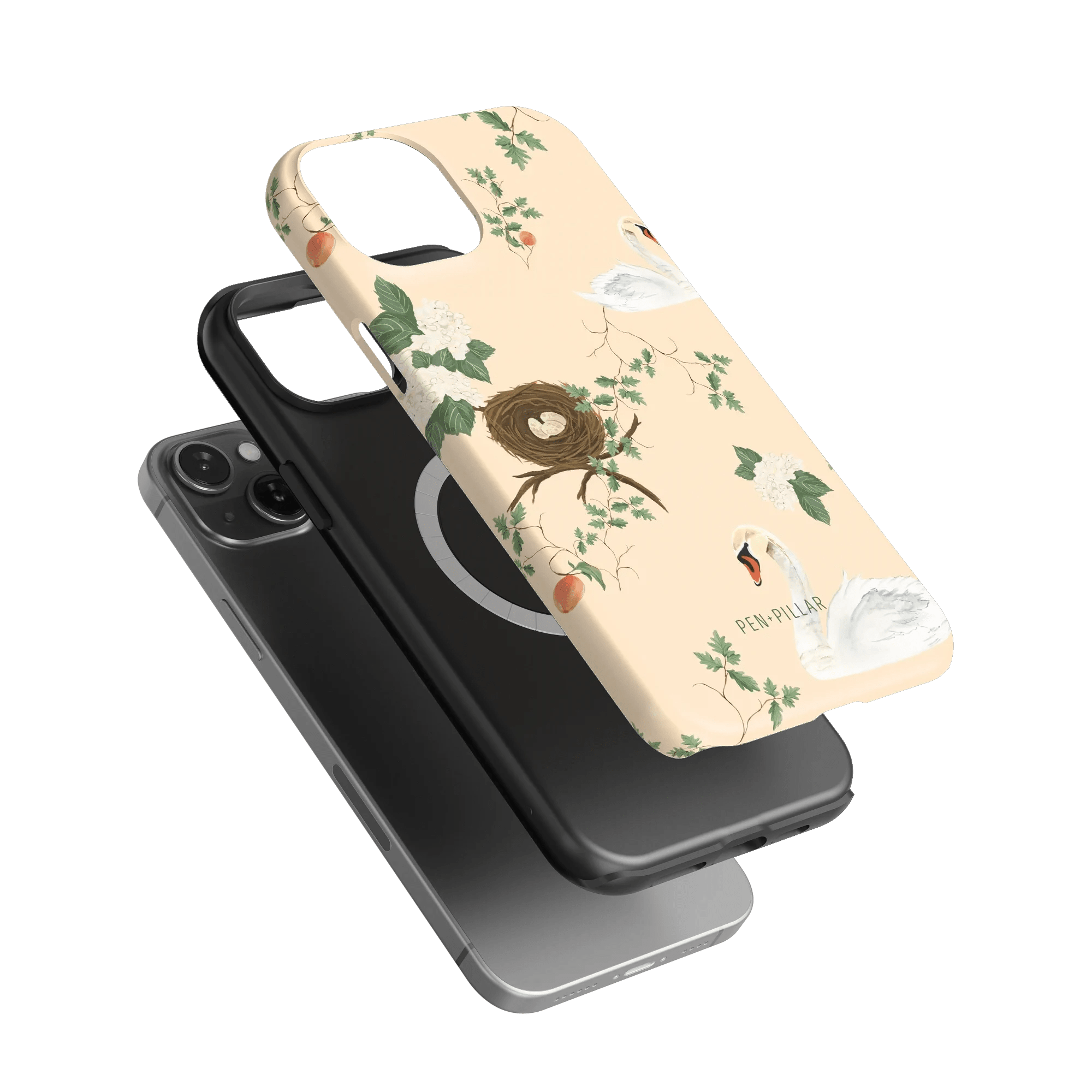 Swan Hollow iPhone case featuring a floral design with swans and a nest on a light background.