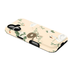 Swan Hollow iPhone case featuring a floral design with swans and a nest on a light peach background.