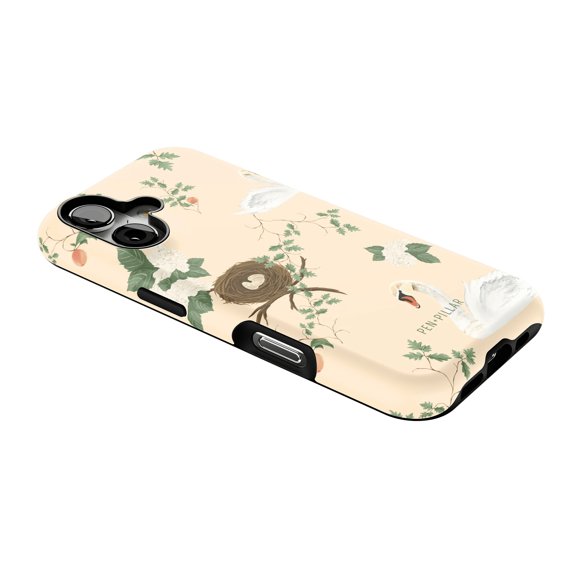 Swan Hollow iPhone case featuring a floral design with swans and a nest on a light peach background.