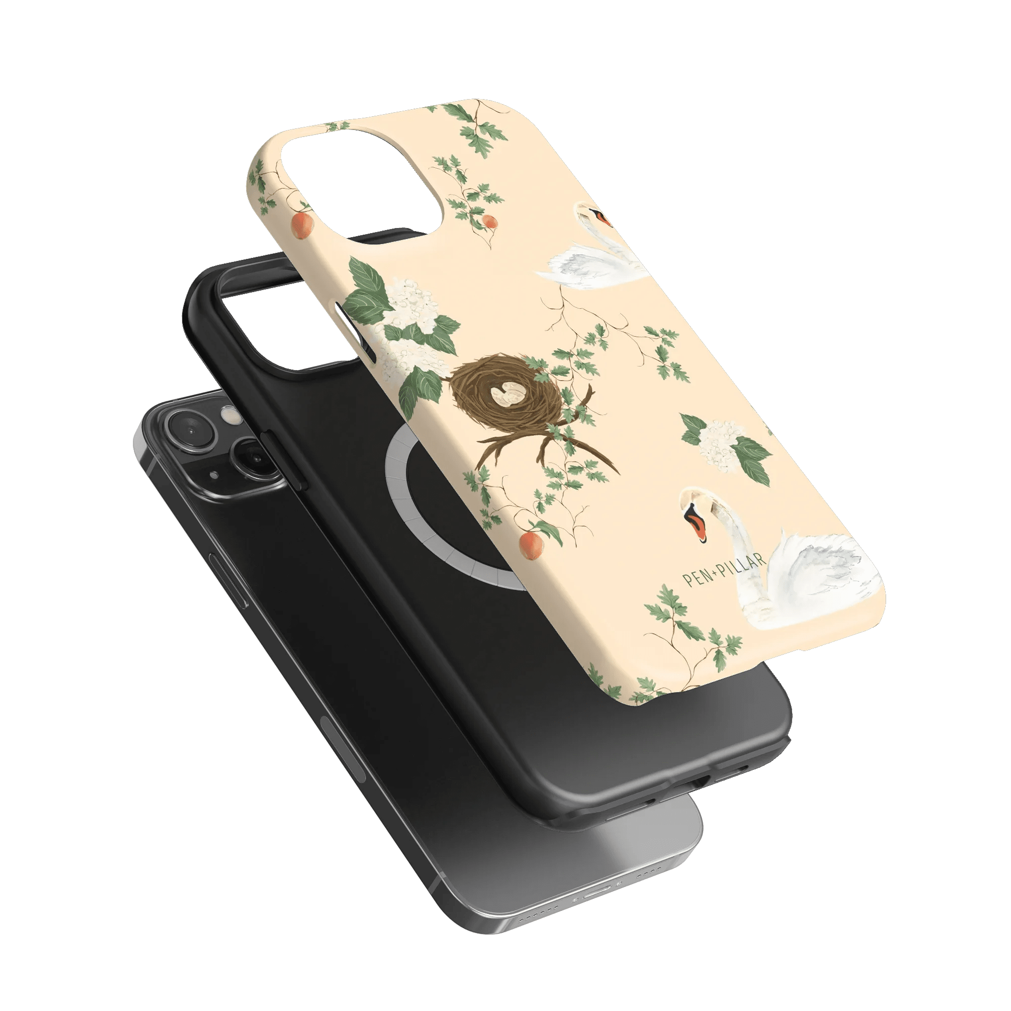 Swan Hollow iPhone case featuring a pastel background with swans, a nest, and floral designs.
