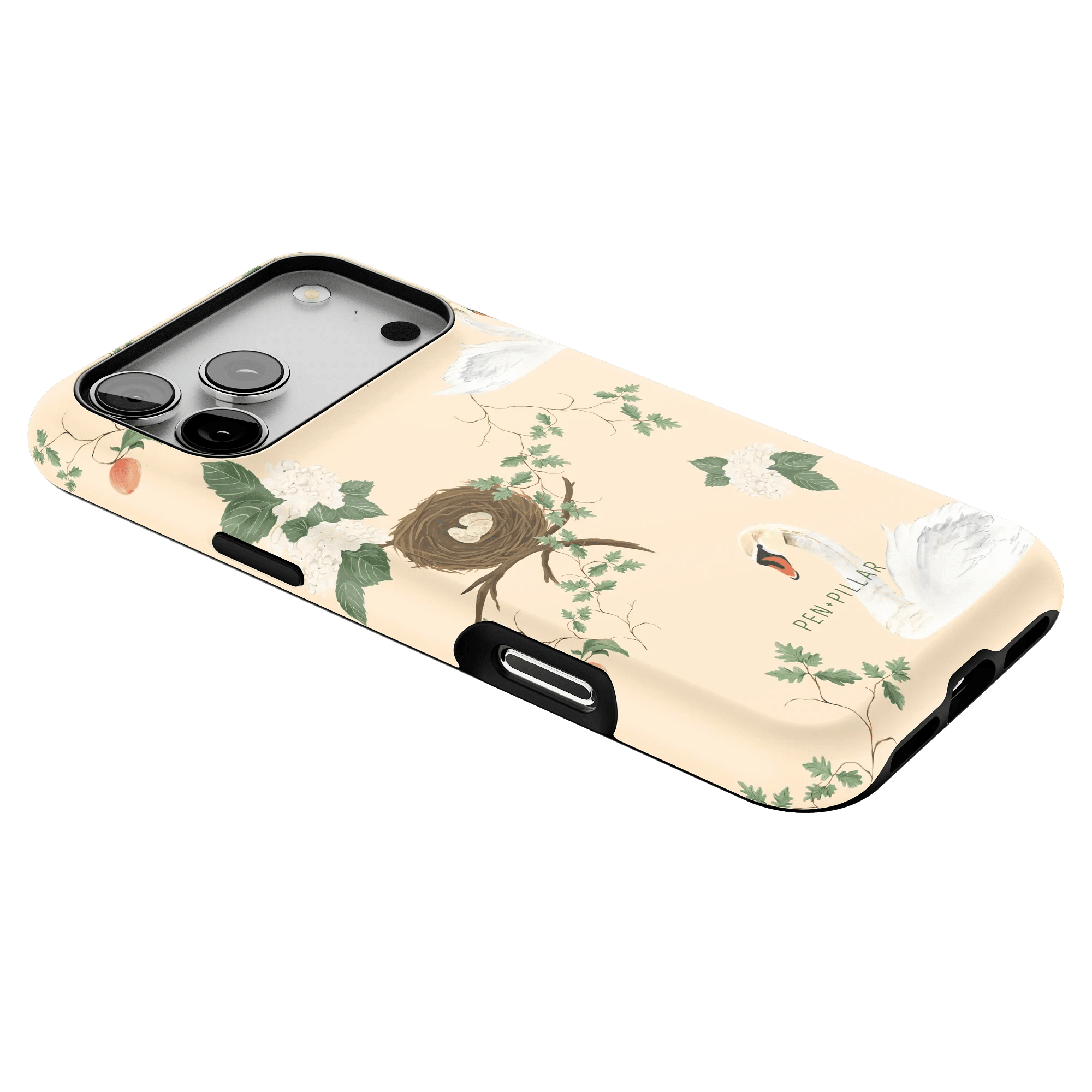 Swan Hollow iPhone case featuring a pastel background with swans, a nest, and floral accents.