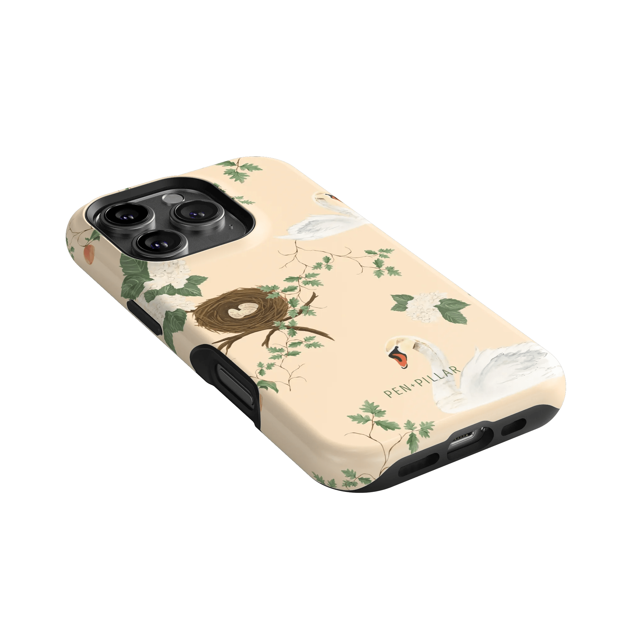 Swan Hollow iPhone case featuring swan and nest designs on a soft peach background.