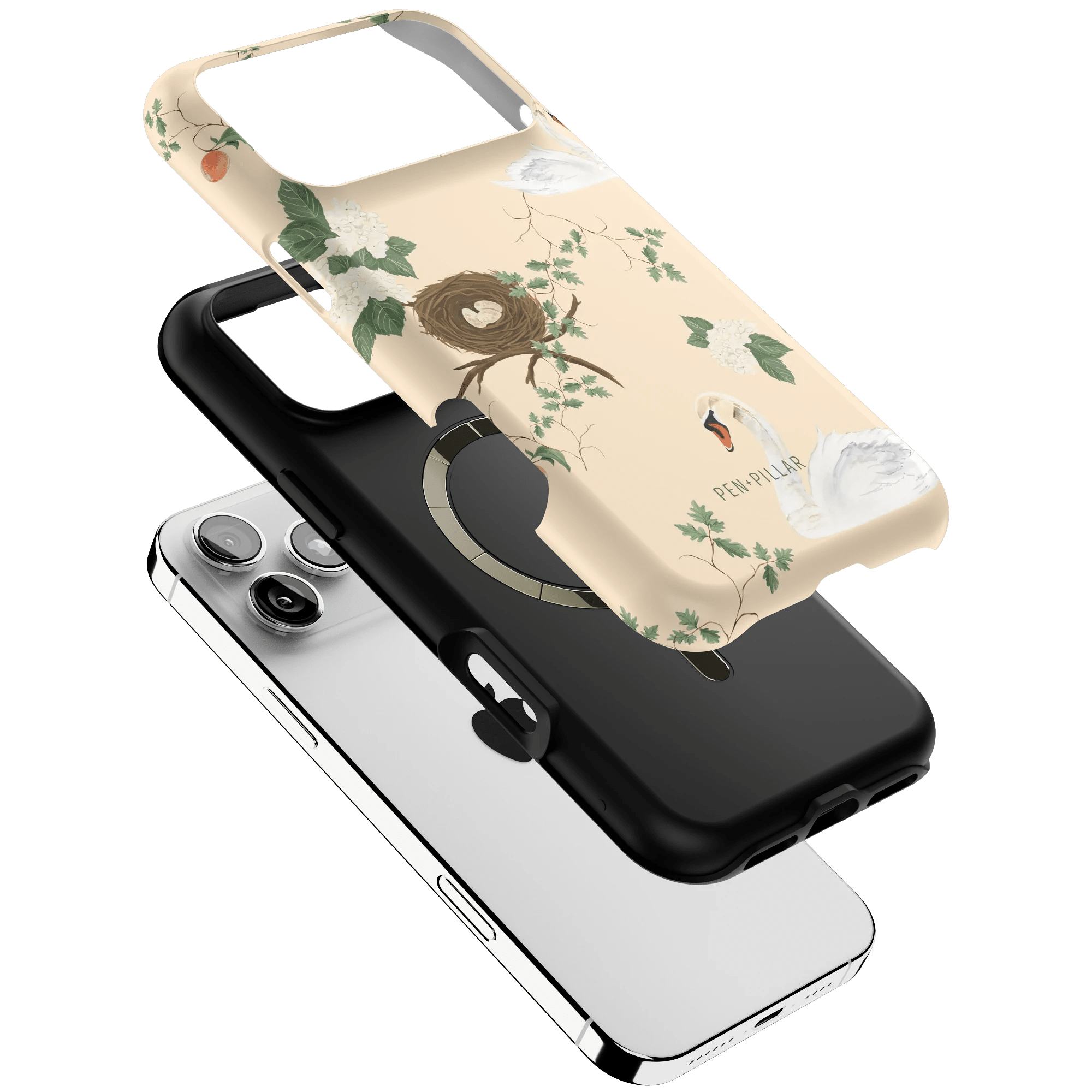 Swan Hollow iPhone case featuring a floral design with swans, layered over a black phone case.