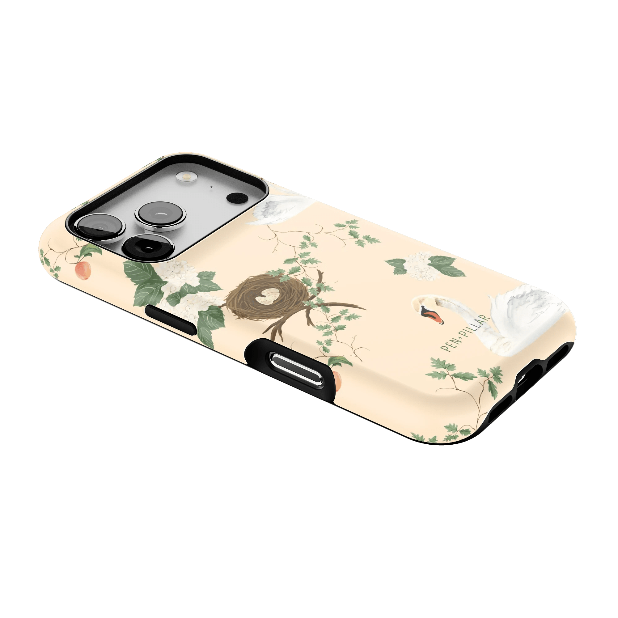 Swan Hollow iPhone case featuring a light background with swan and nest illustrations, designed for iPhone models.