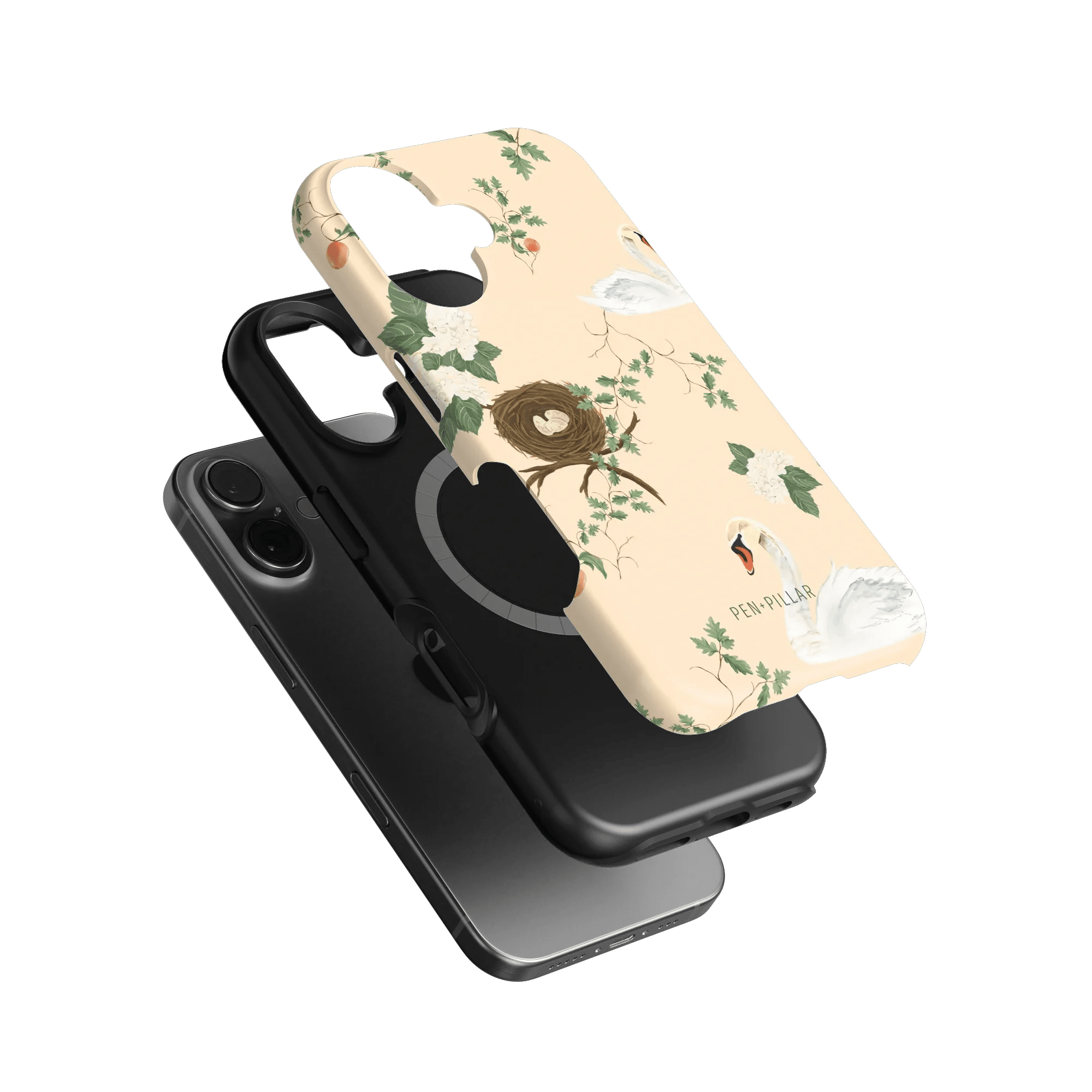 Swan Hollow iPhone case featuring a floral design with swans on a light background, layered over a black phone case.