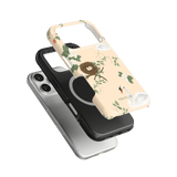 Swan Hollow iPhone case featuring floral designs in soft colors, layered over black and clear cases.