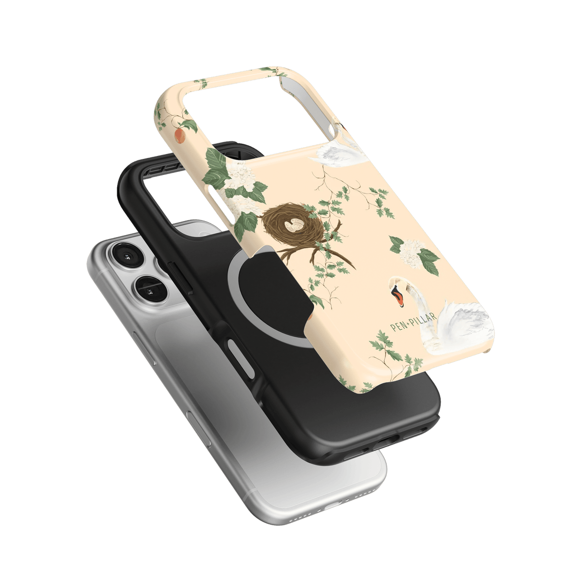 Swan Hollow iPhone case featuring floral designs in soft colors, layered over black and clear cases.