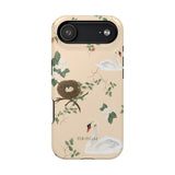 Swan Hollow iPhone case featuring swan illustrations, a nest, and floral designs on a beige background.