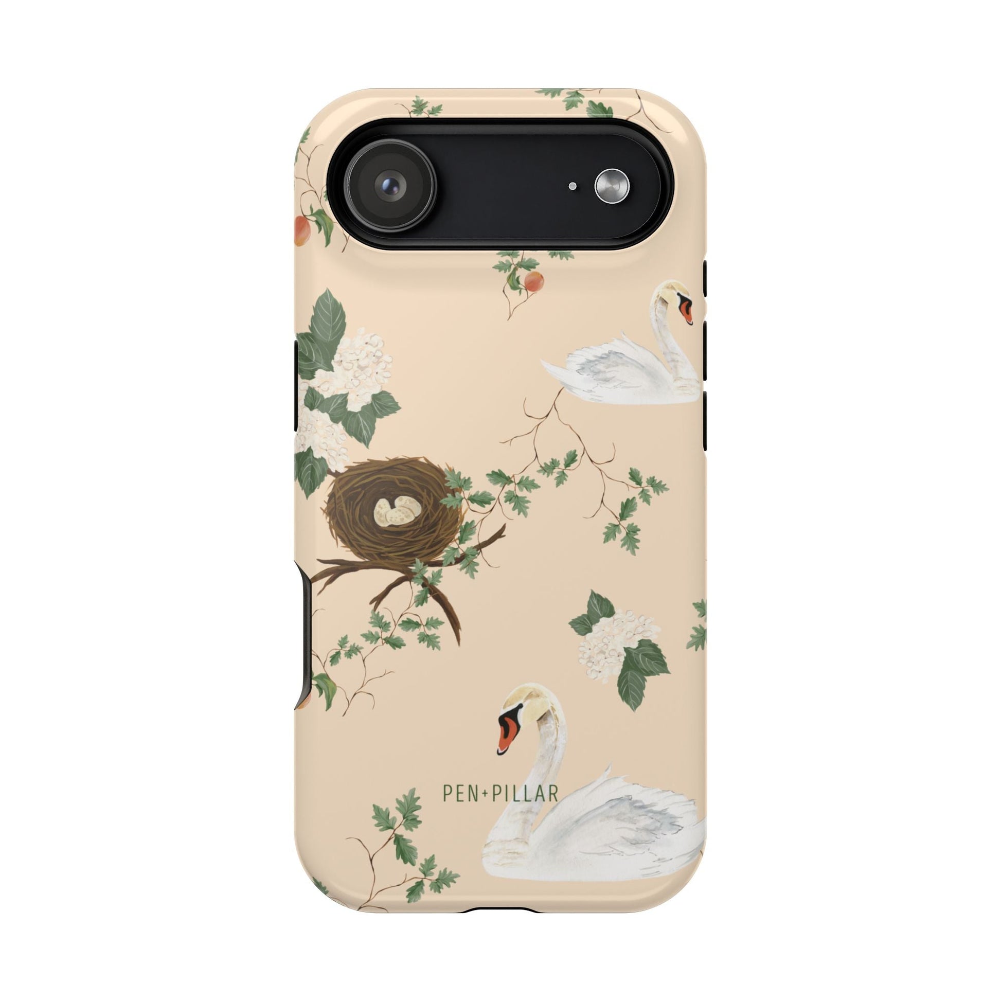 Swan Hollow iPhone case featuring swan illustrations, a nest, and floral designs on a beige background.