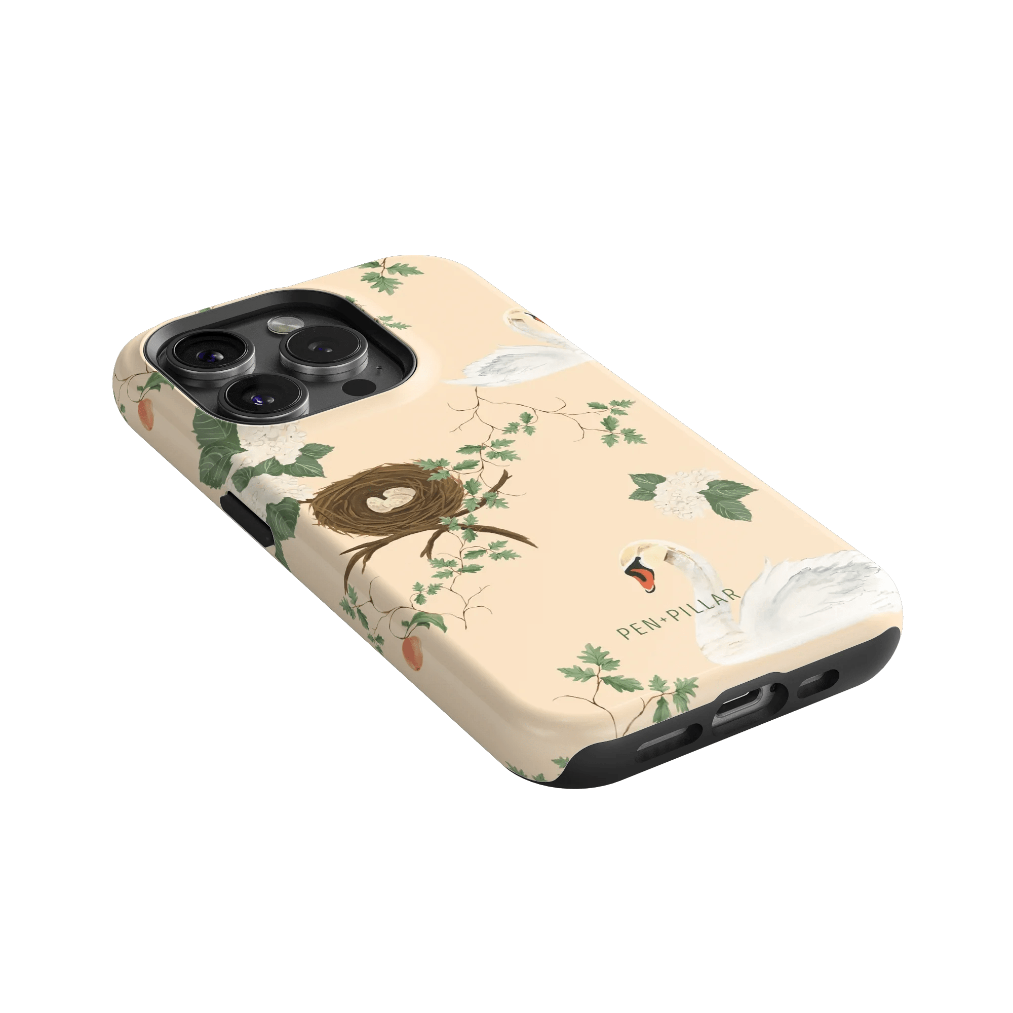 Swan Hollow iPhone case featuring a pastel background with swans and a nest design, angled view showing buttons and camera...
