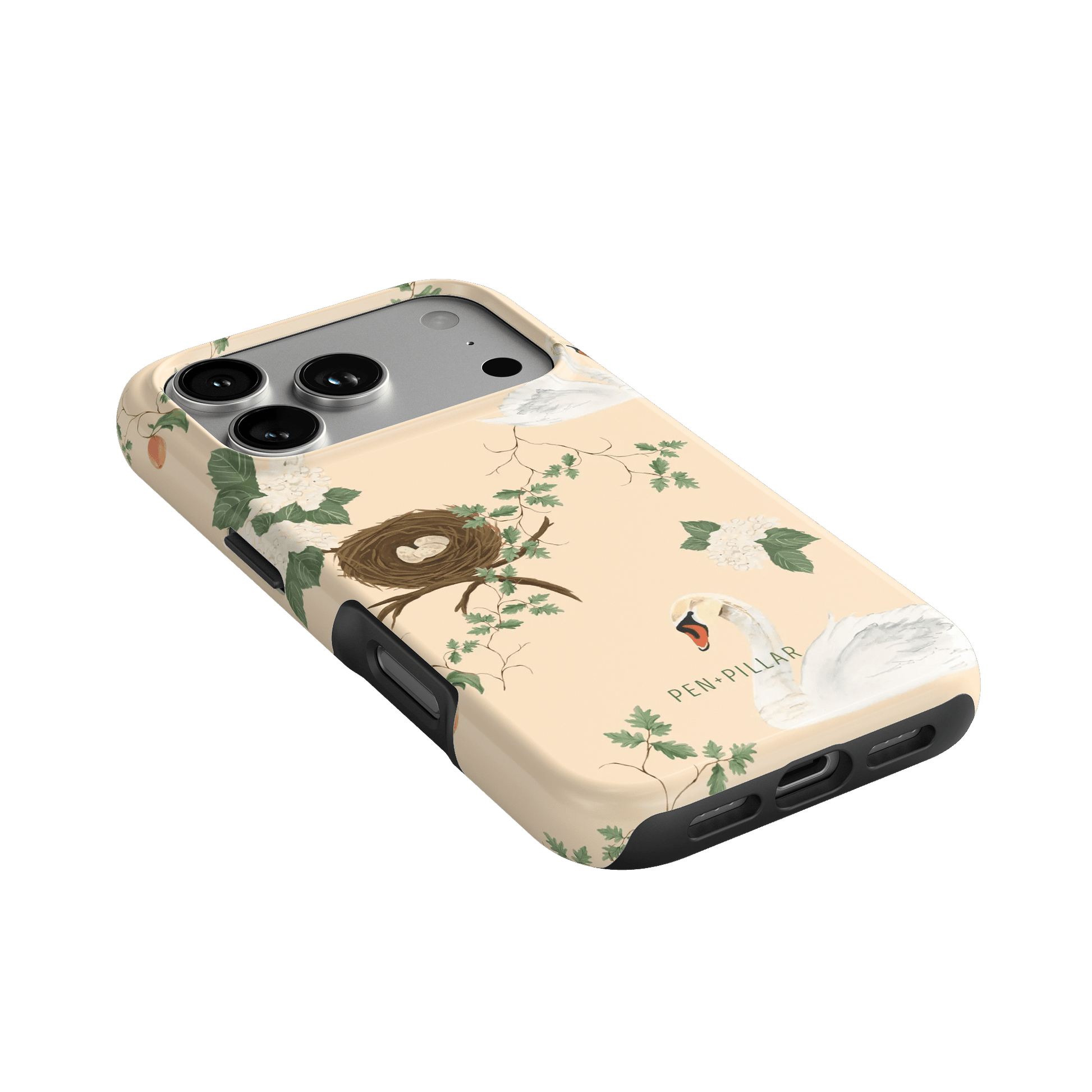 Swan Hollow iPhone case featuring swan and nest design with green foliage on a light background.