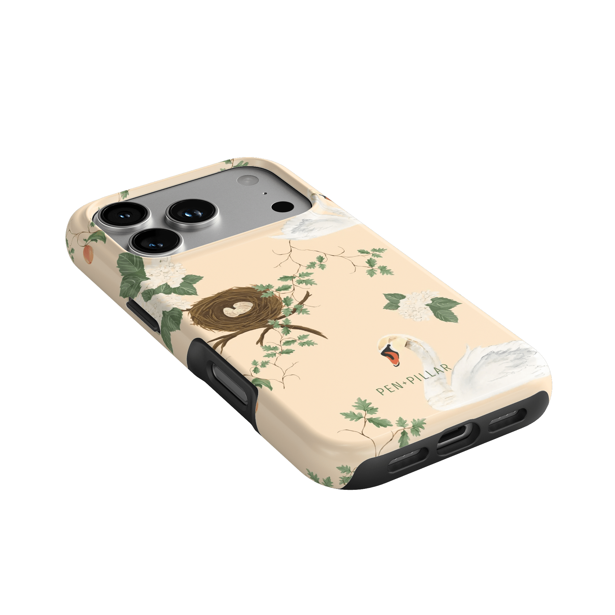 Swan Hollow iPhone case featuring swan and nest design with green foliage on a light background.