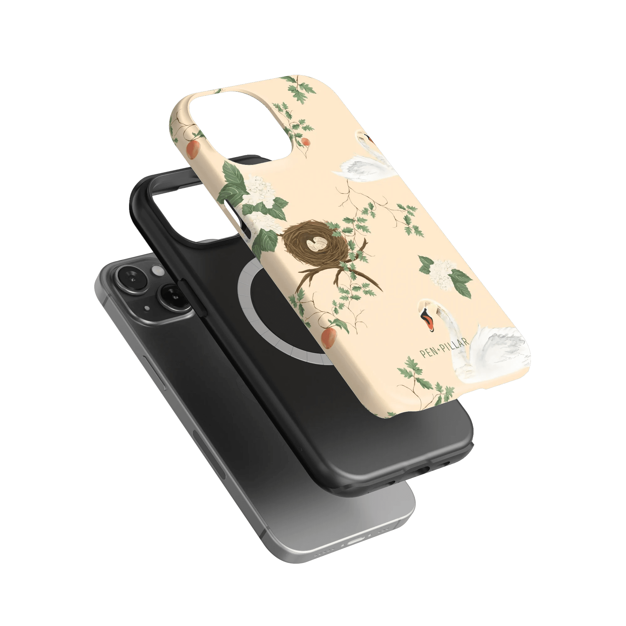 Swan Hollow iPhone case featuring swan illustrations and floral designs on a light background, shown from multiple angles.