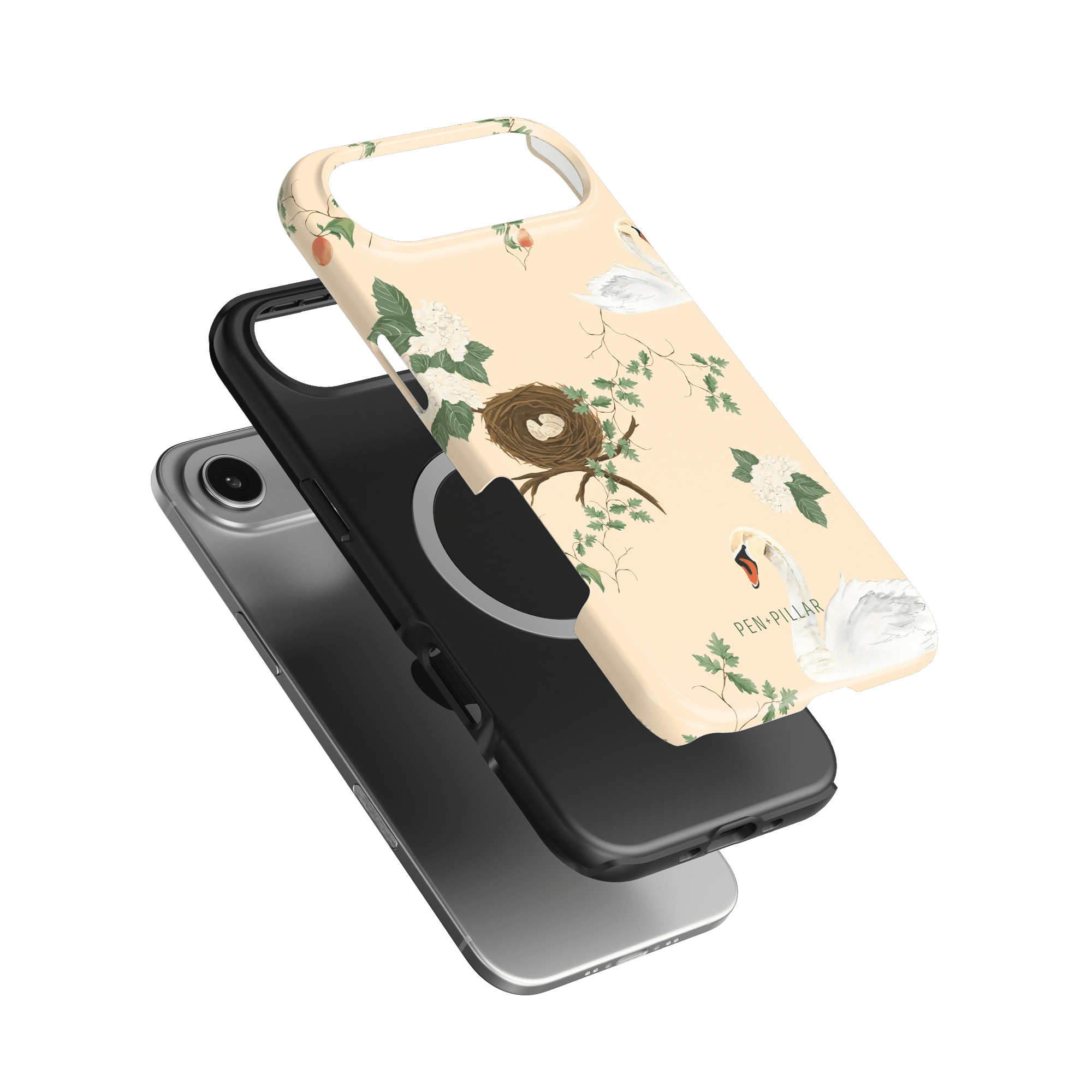 Swan Hollow iPhone case featuring a floral design with swans and a nest, shown in two angles on a green background.