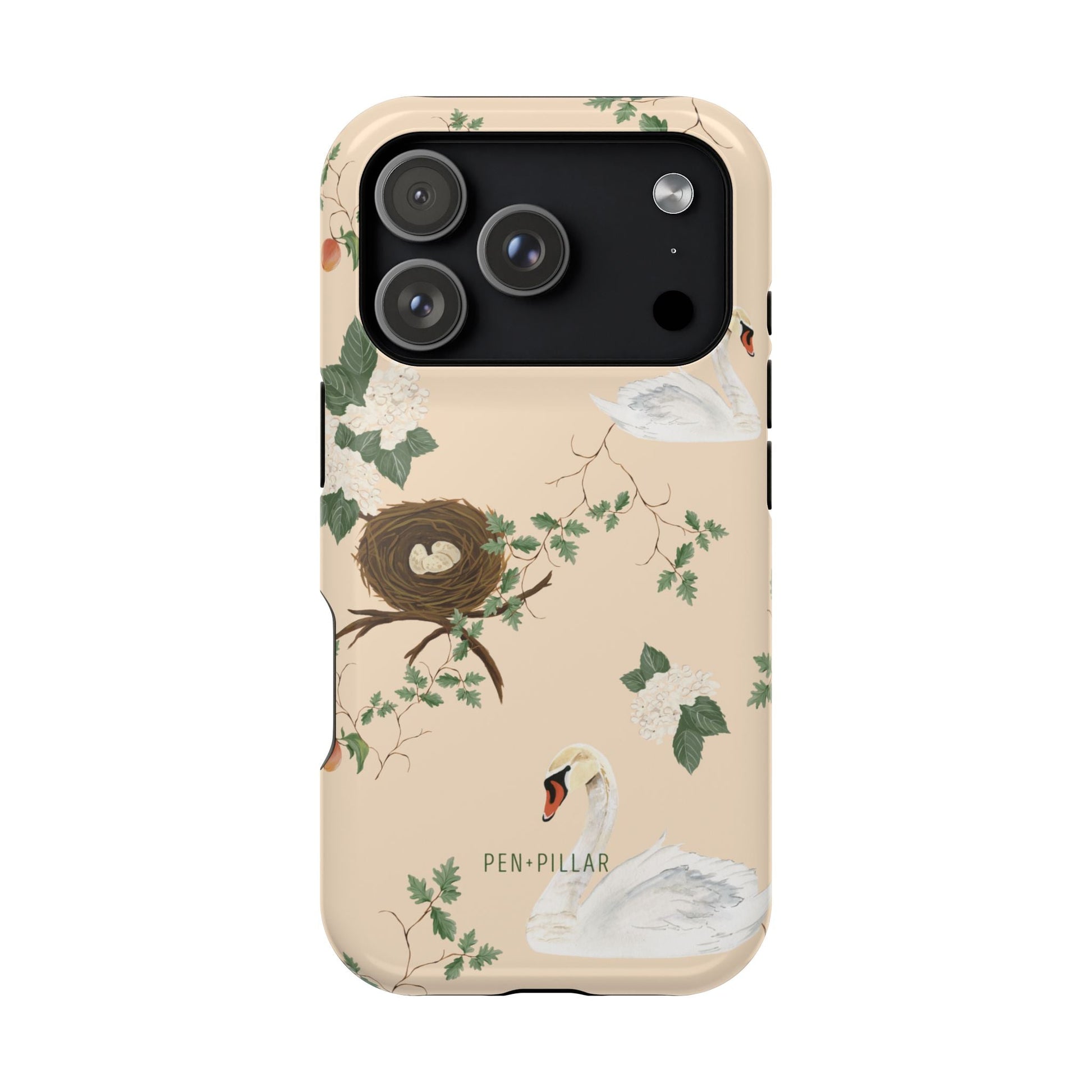Swan Hollow iPhone case featuring swan illustrations, a nest, and floral designs on a beige background.