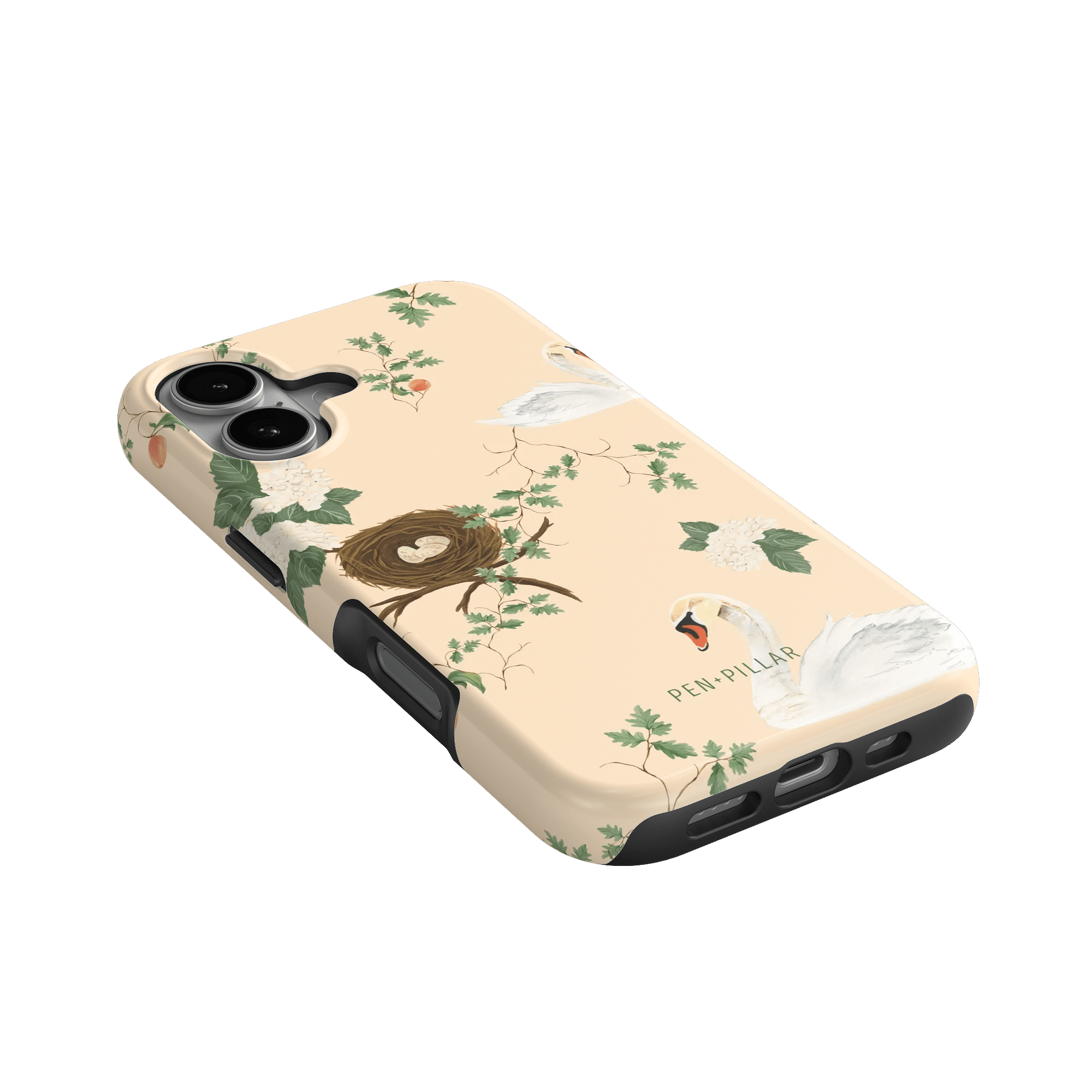 Swan Hollow iPhone case featuring swan illustrations, floral designs, and a nest on a light peach background.