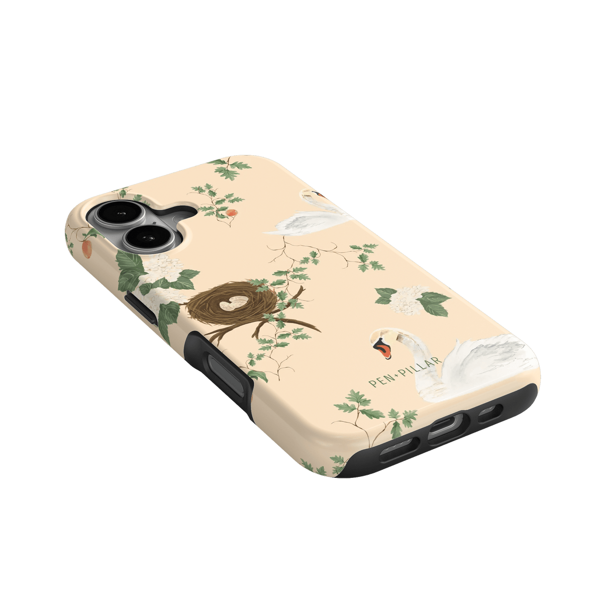 Swan Hollow iPhone case featuring swan illustrations, floral designs, and a nest on a light peach background.