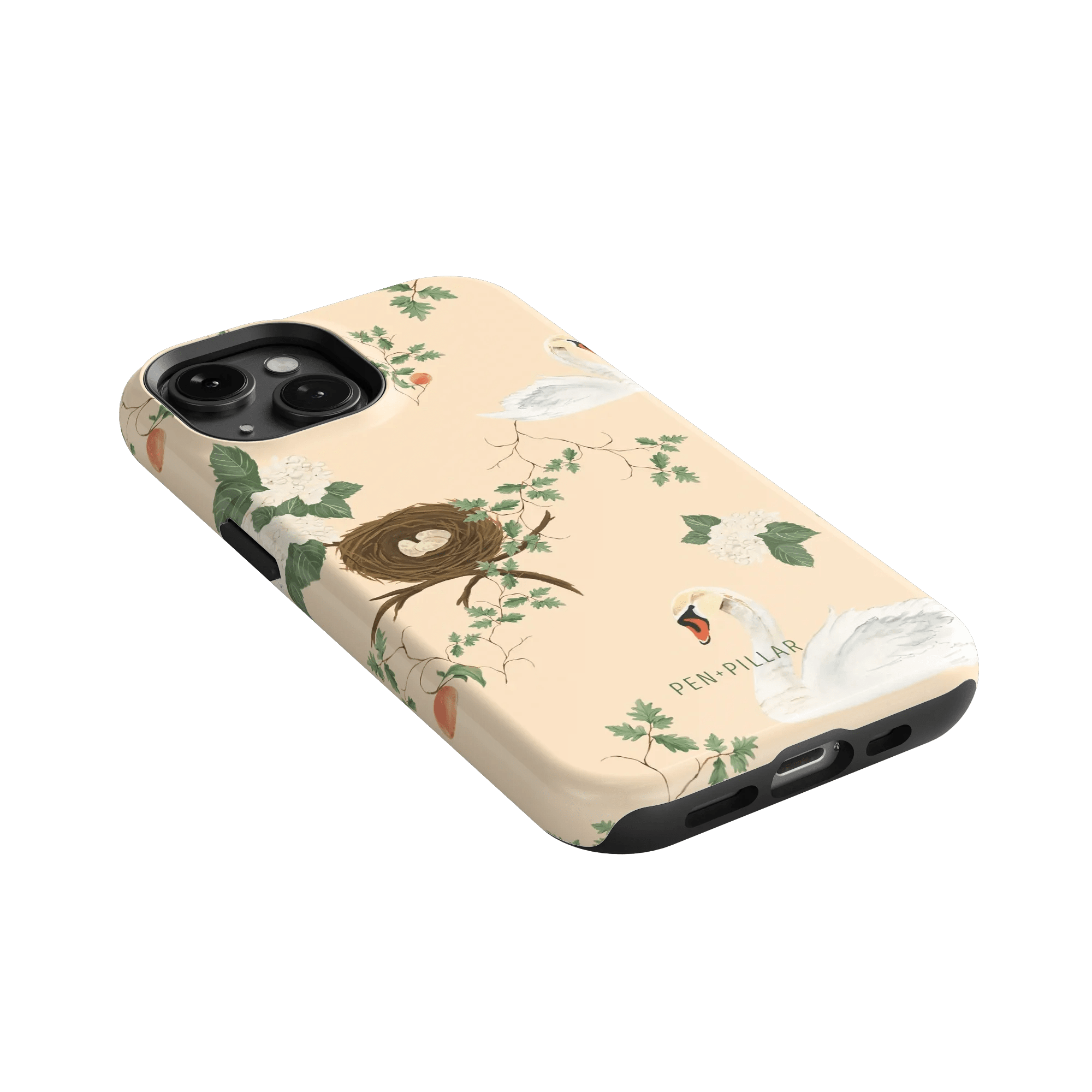 Swan Hollow iPhone case featuring a floral design with swans and a nest on a light peach background.