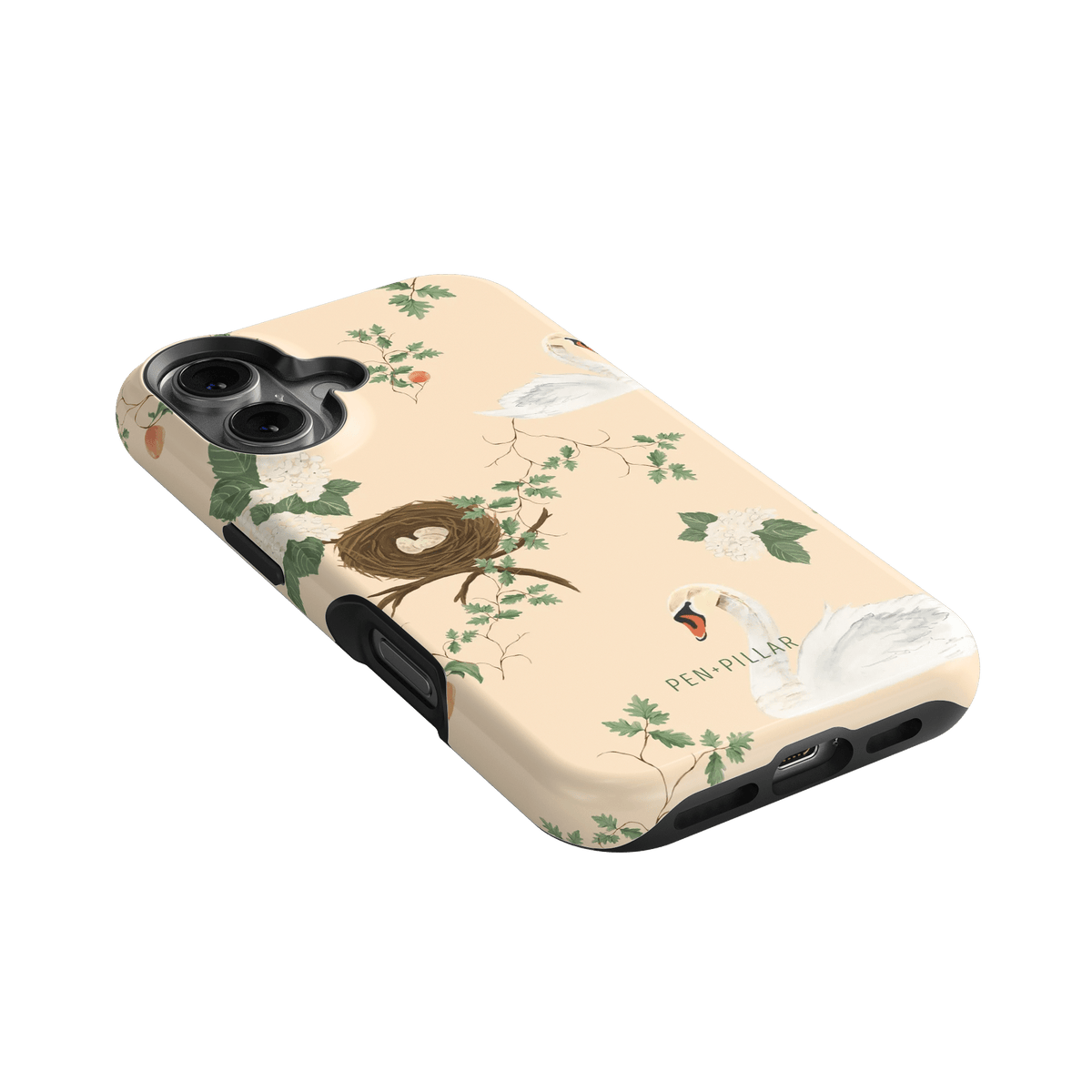 Swan Hollow iPhone case featuring swan illustrations, a nest, and green foliage on a soft peach background.