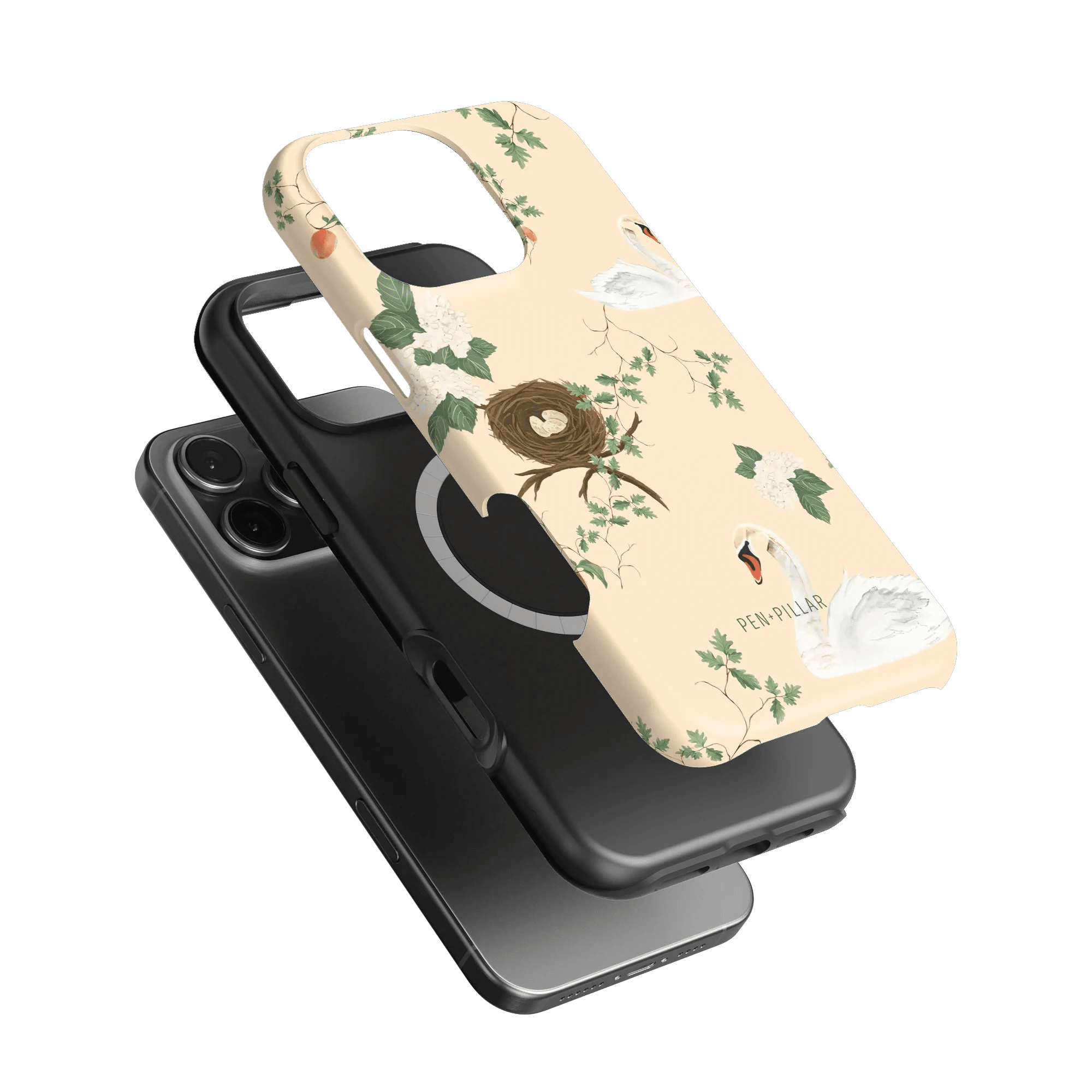 Swan Hollow iPhone case featuring a light beige background with swan and floral illustrations, layered over a black phone.