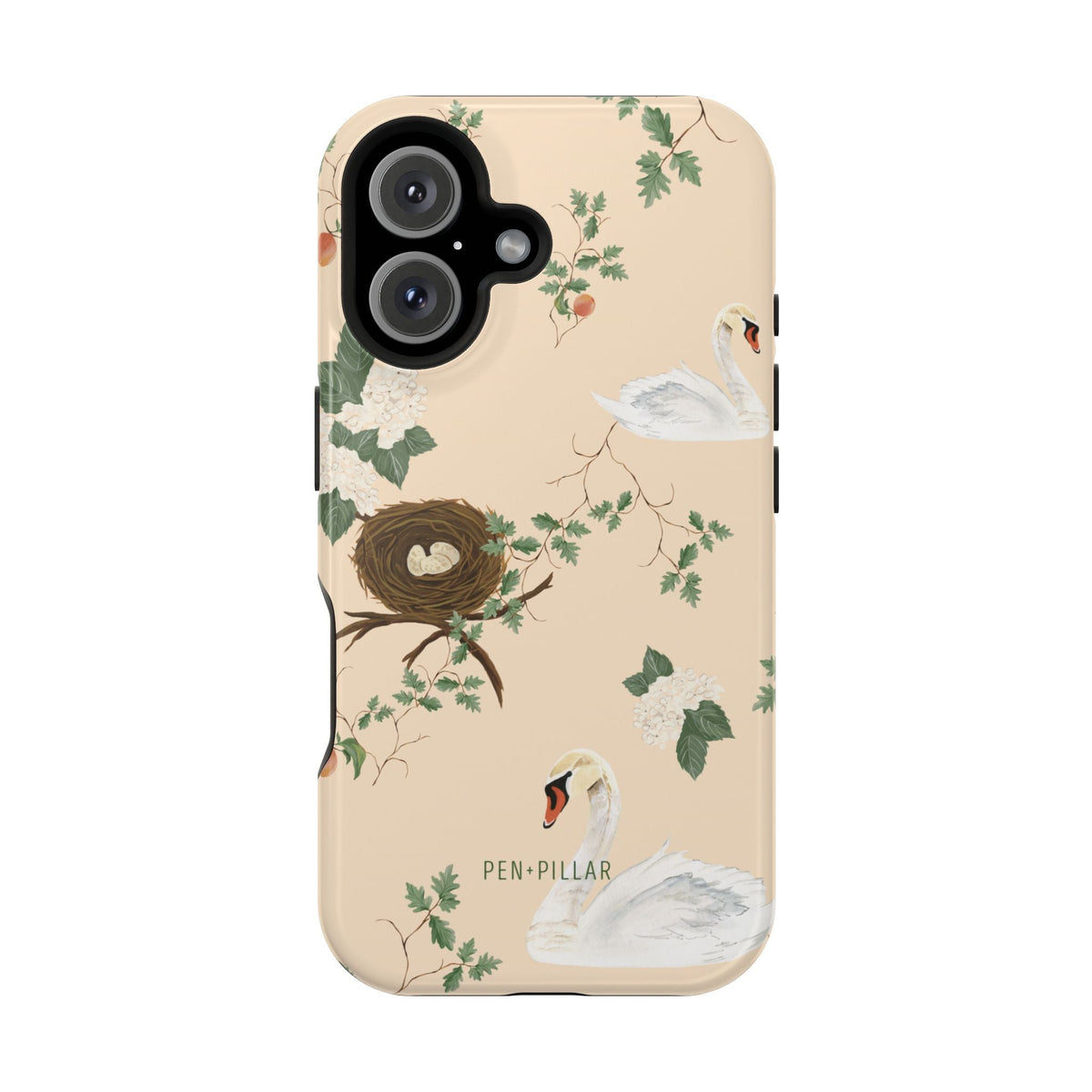 Swan Hollow iPhone case featuring swans, a nest, and floral designs on a light beige background.