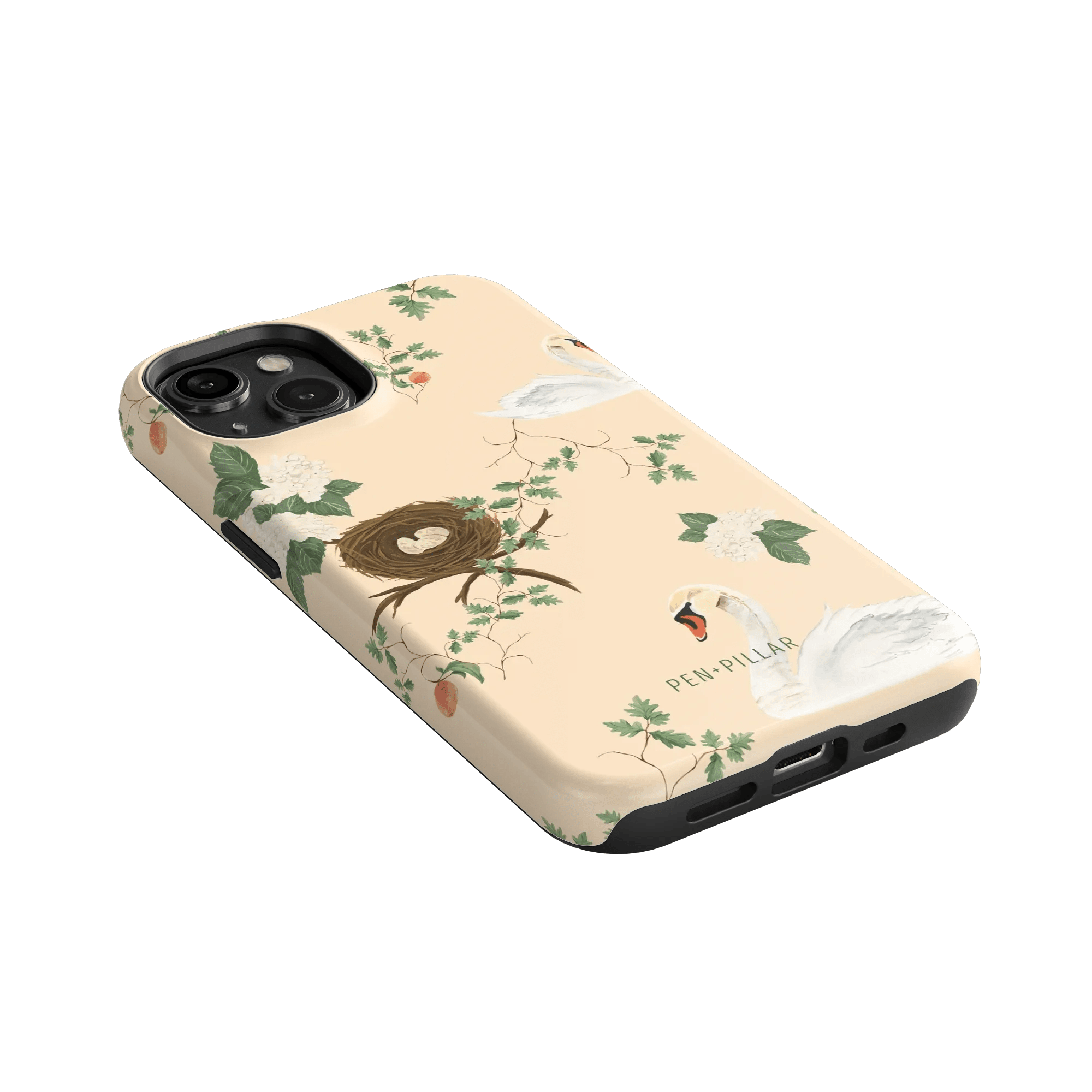 Swan Hollow iPhone case featuring swans, a nest, and floral designs on a peach background.
