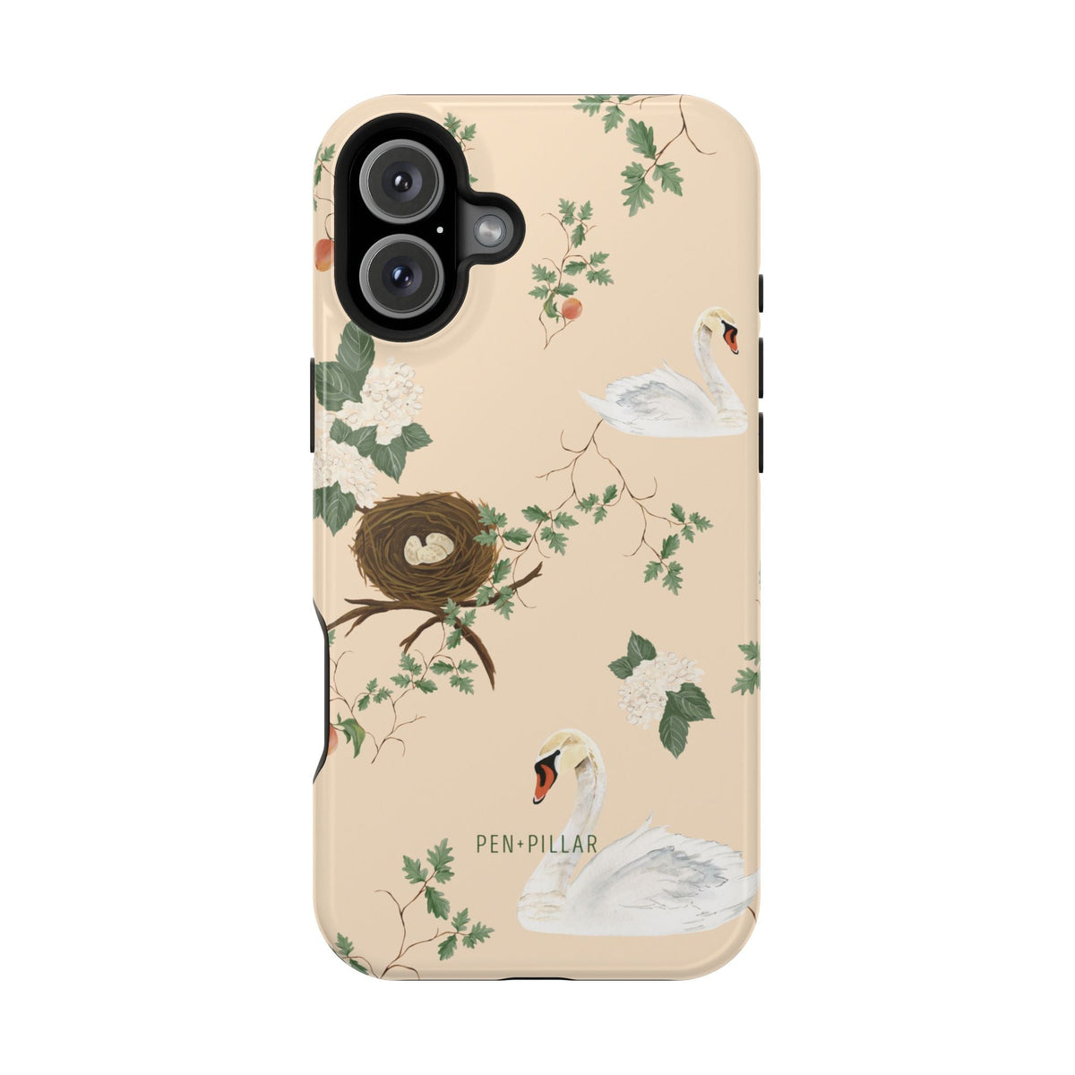 Swan Hollow iPhone case featuring a beige background with swans, a nest, and green foliage patterns.