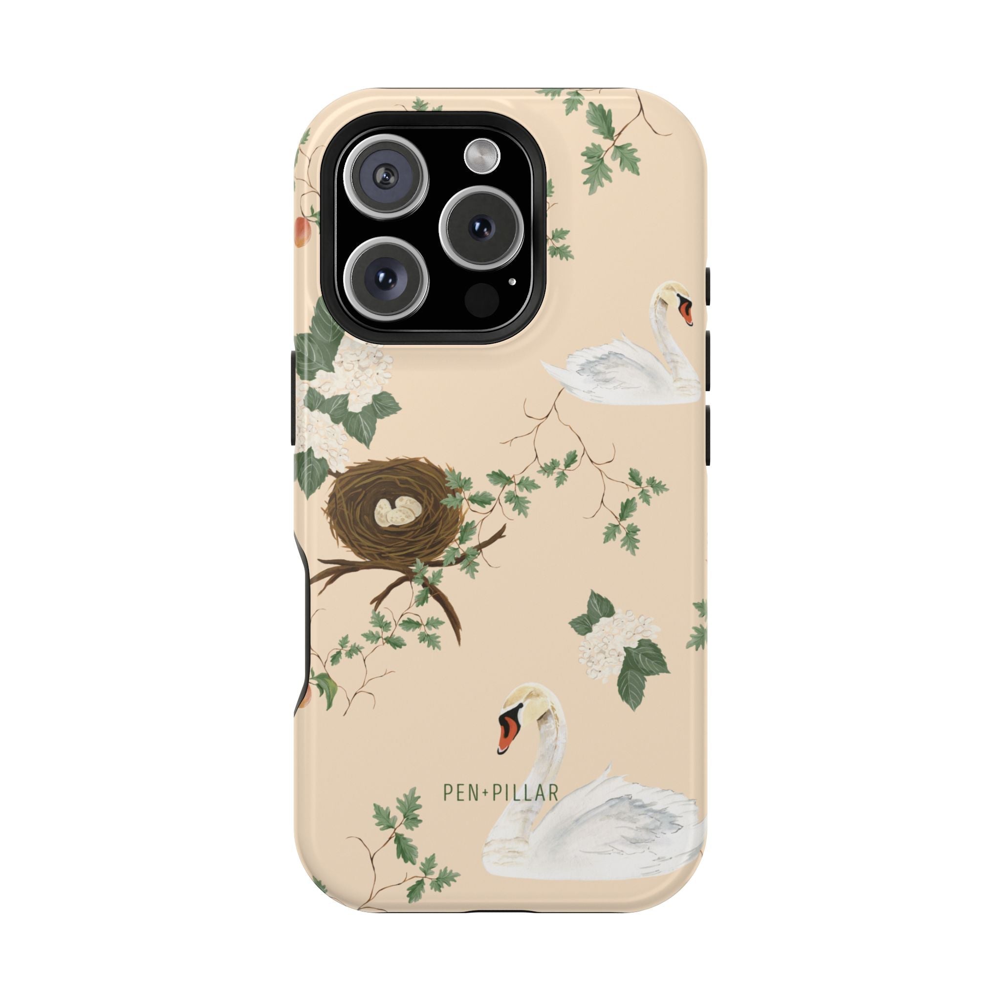Swan Hollow iPhone case featuring swans and a nest design on a beige background with green foliage.