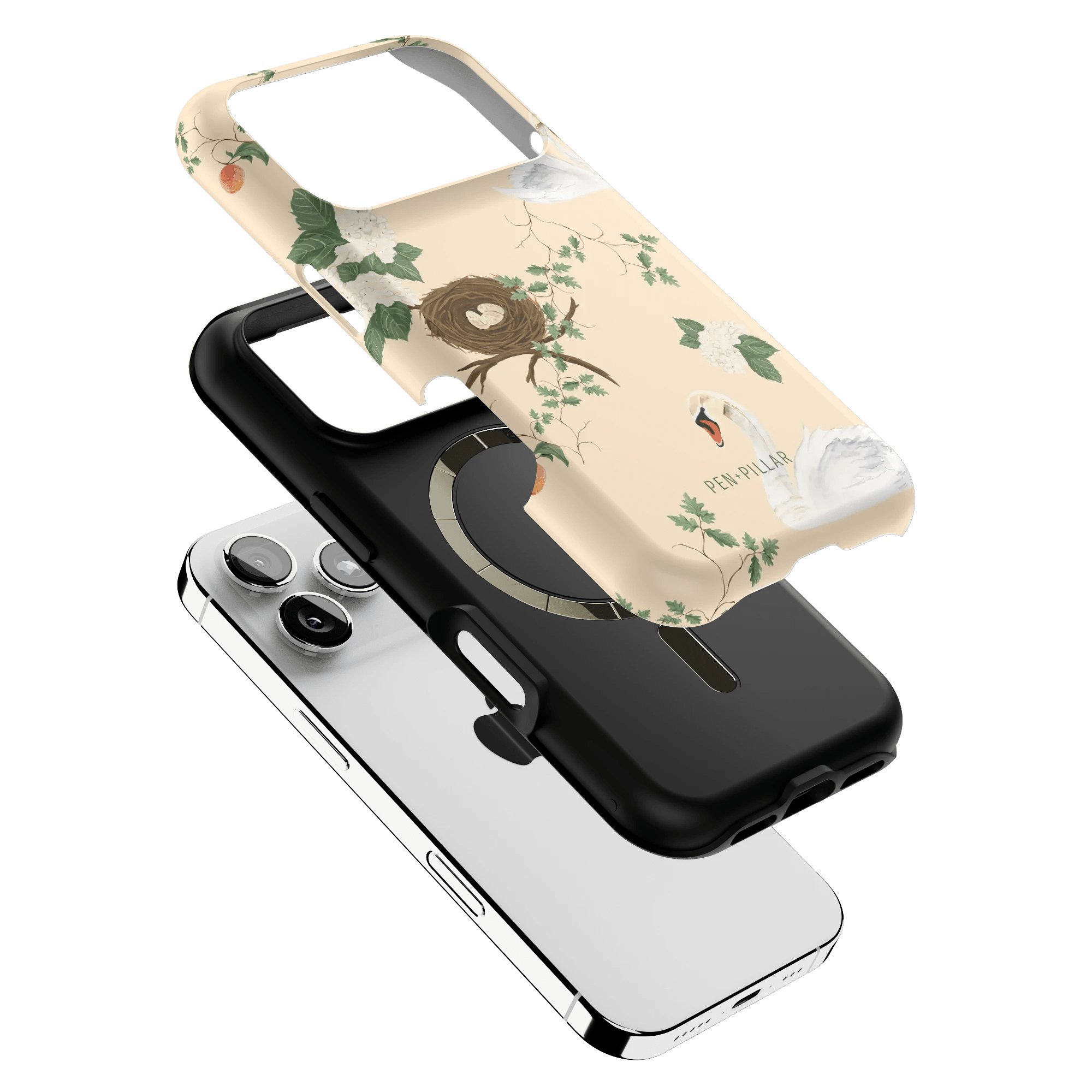 Swan Hollow iPhone case featuring a floral design with swans, layered over a black and white phone.