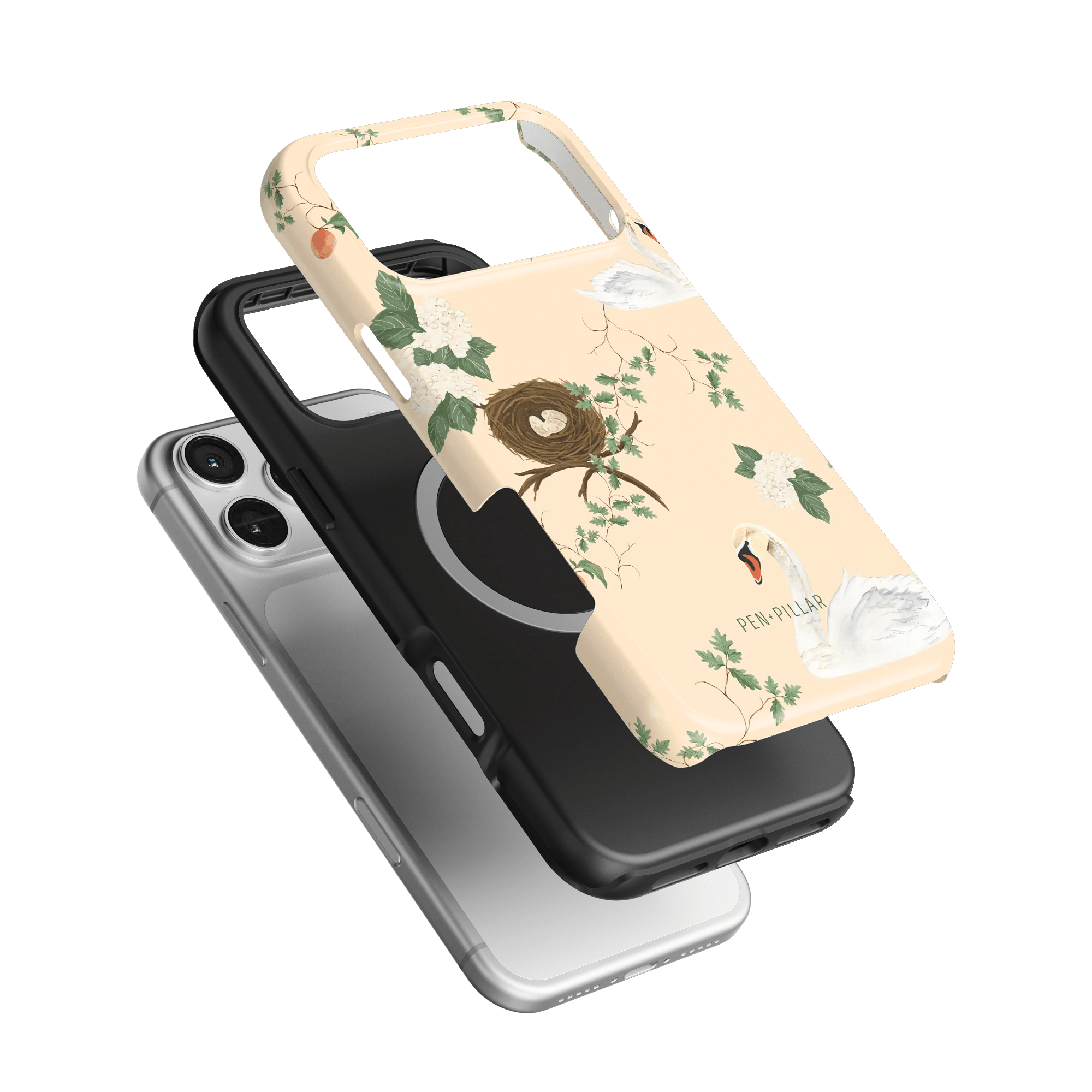 Swan Hollow iPhone case featuring a pastel design with swans, flowers, and a nest on a light background.